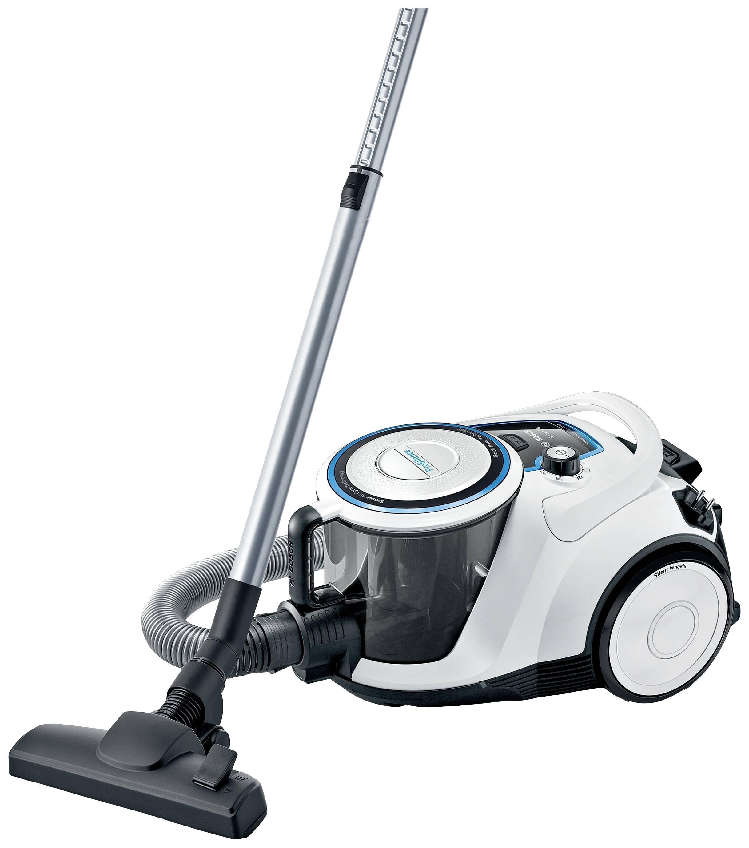 A white upright vacuum cleaner with a long suction tube and wheels, suitable for floor cleaning.