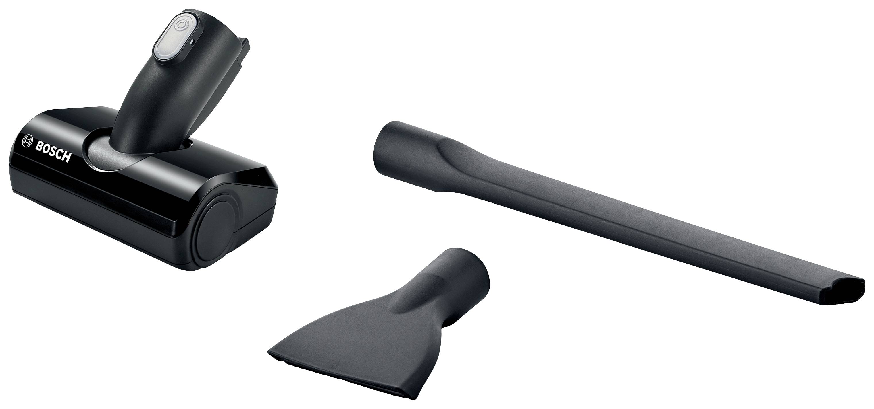 Accessories for Bosch vacuum cleaners: a mini turbo nozzle, a flat nozzle and a crevice tool, suitable for various cleaning applications.
