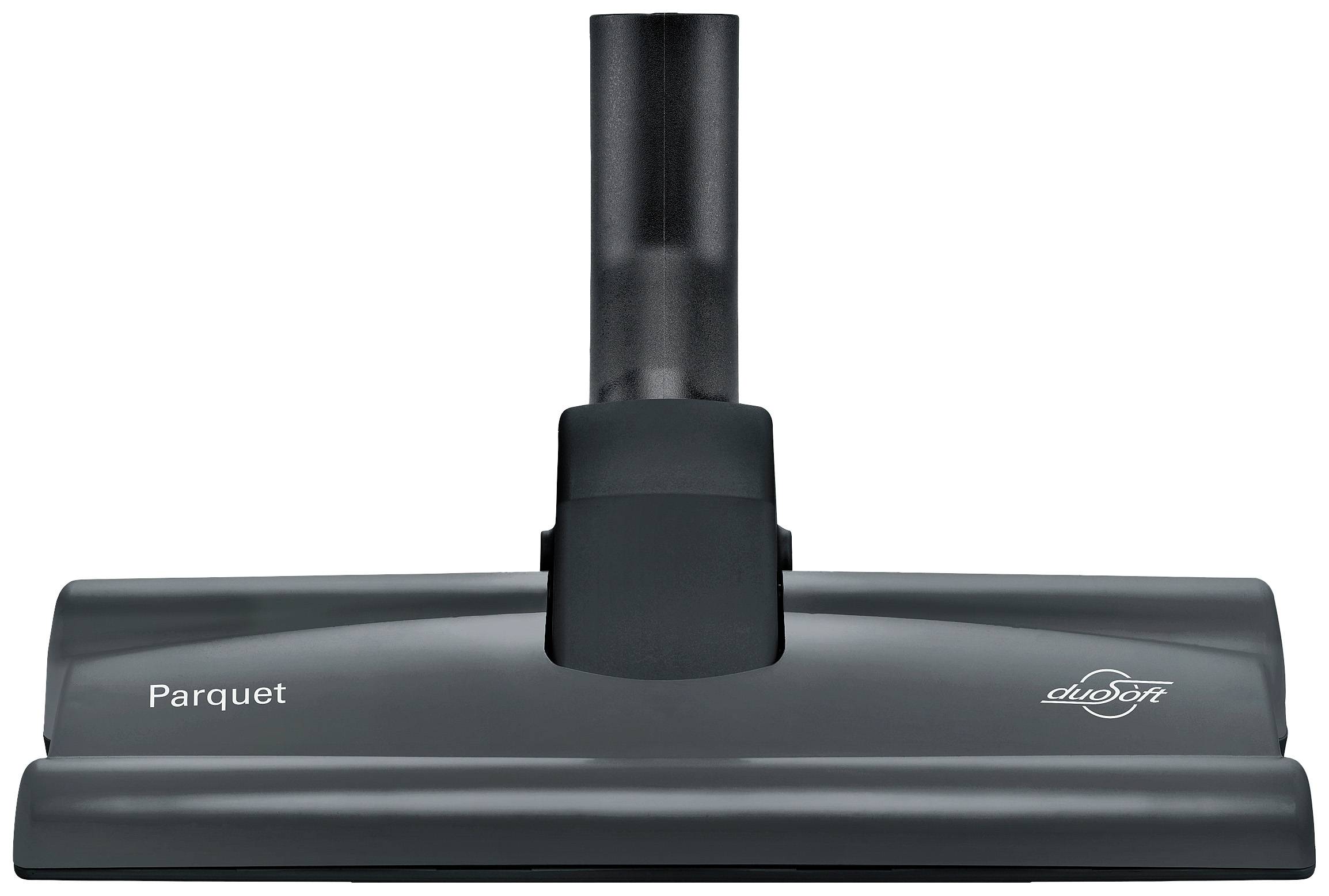 Black floor nozzle for vacuum cleaner with the inscription 'Parquet' and 'duo soft', specially designed for delicate hard floors such as hardwood flooring.