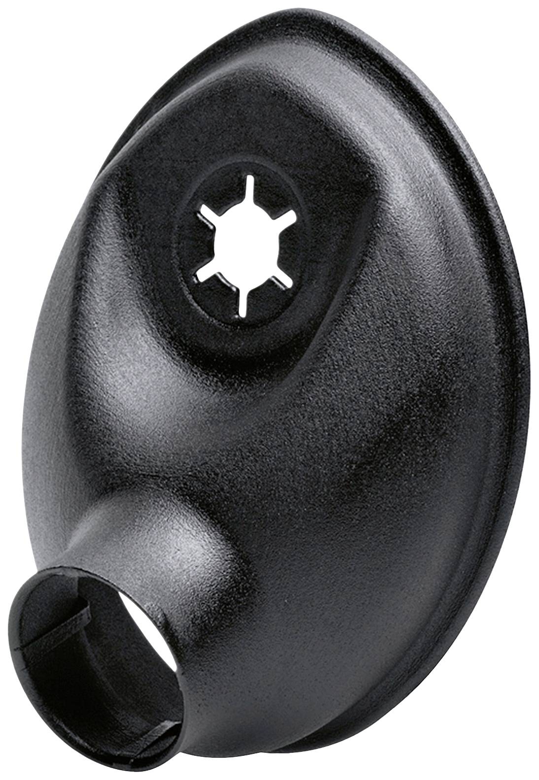 A black plastic flange with an oval shape and a star-shaped hole in the centre, suitable for pipe connections.