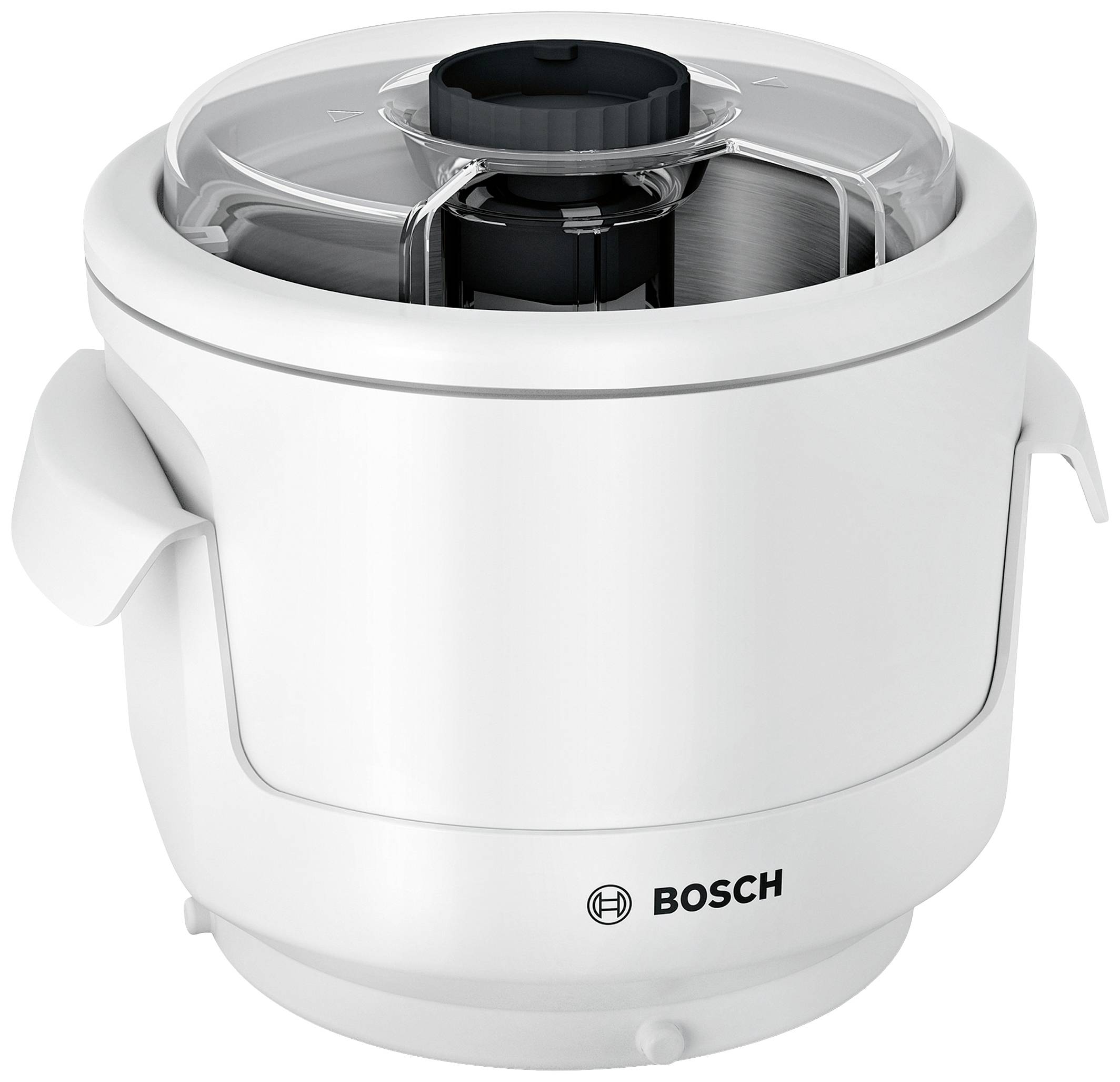 A white Bosch kitchen mixer with a transparent lid, side handles, and the logo on the front.