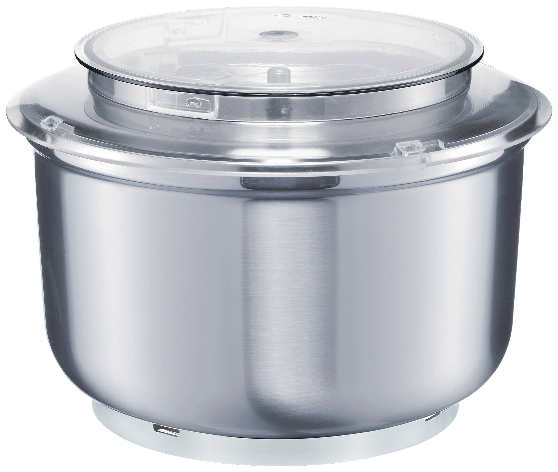 A stainless steel mixing bowl with a transparent plastic lid, suitable for food mixers.