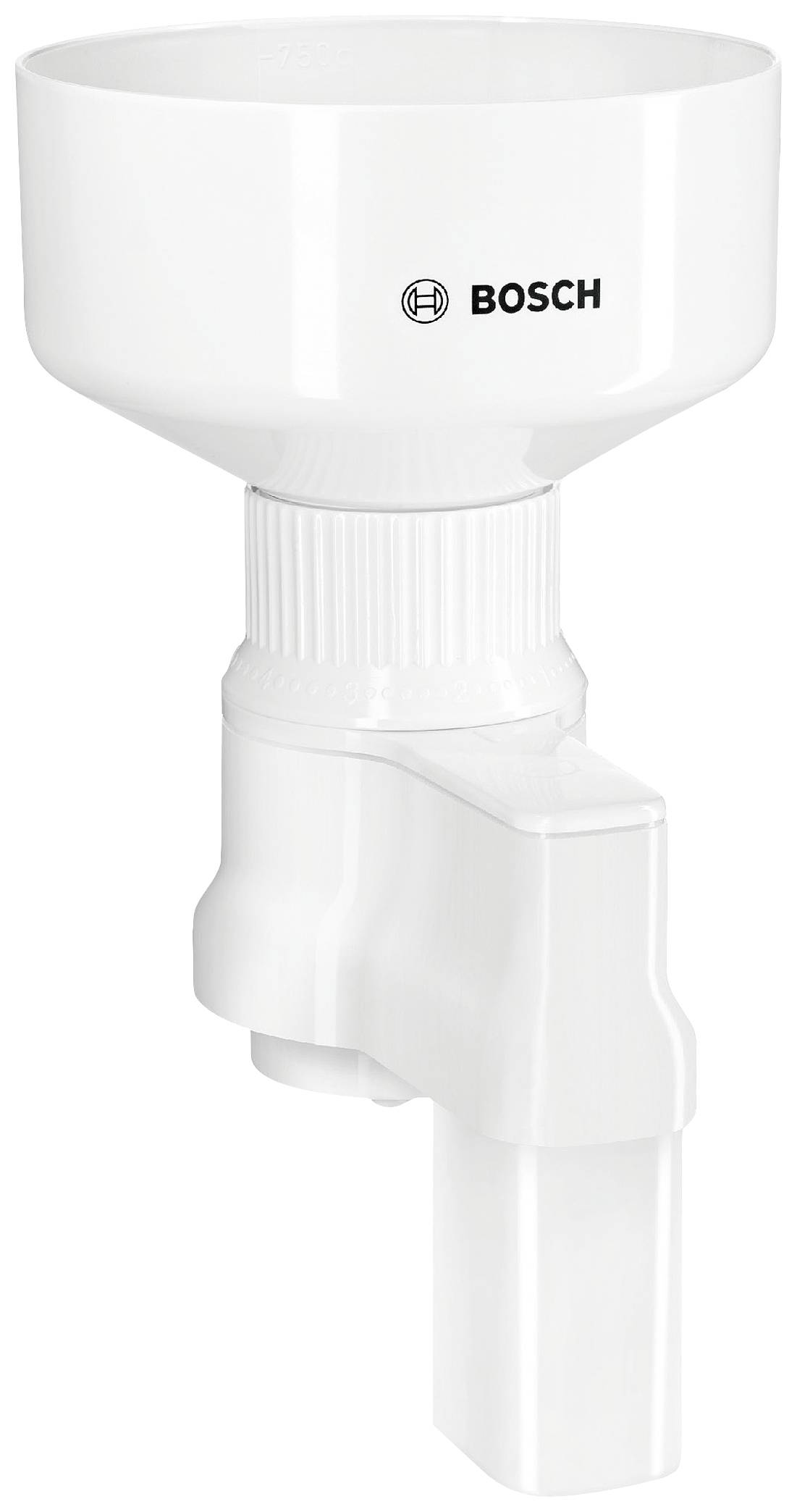 A white Bosch mincer attachment.