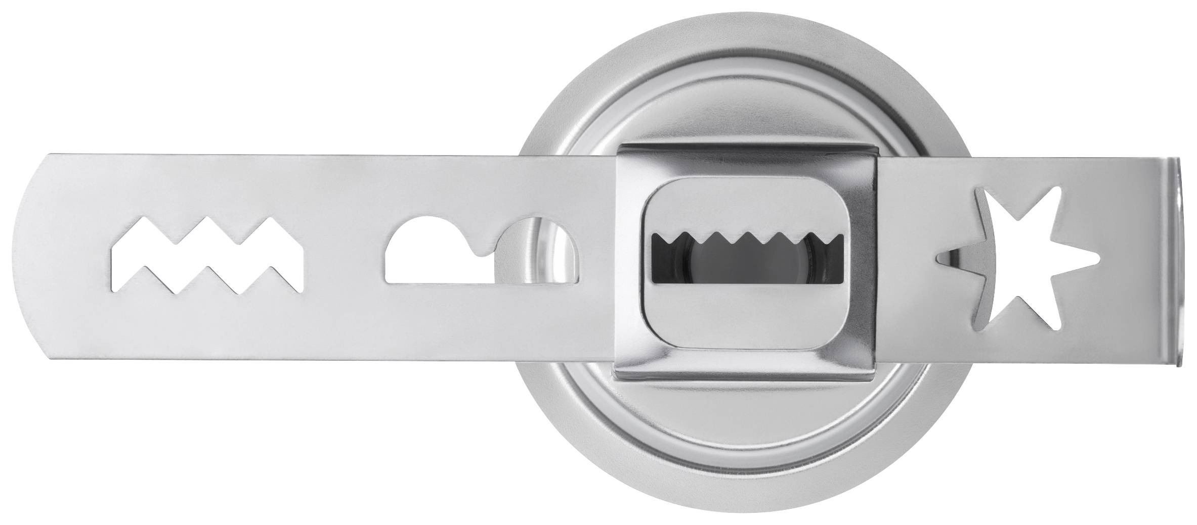 A silver-coloured safety lock with various geometric cut-outs, including zigzag and star shapes, mounted on a circular base.