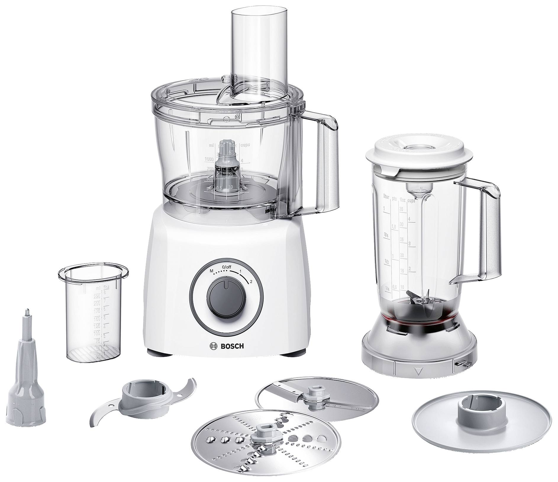 Kitchen Mixer with Accessories: Main Device in White, with Blender Attachment, Cutting Blades, Measuring Jug and Dough Attachment. Suitable for Chopping and Blending.