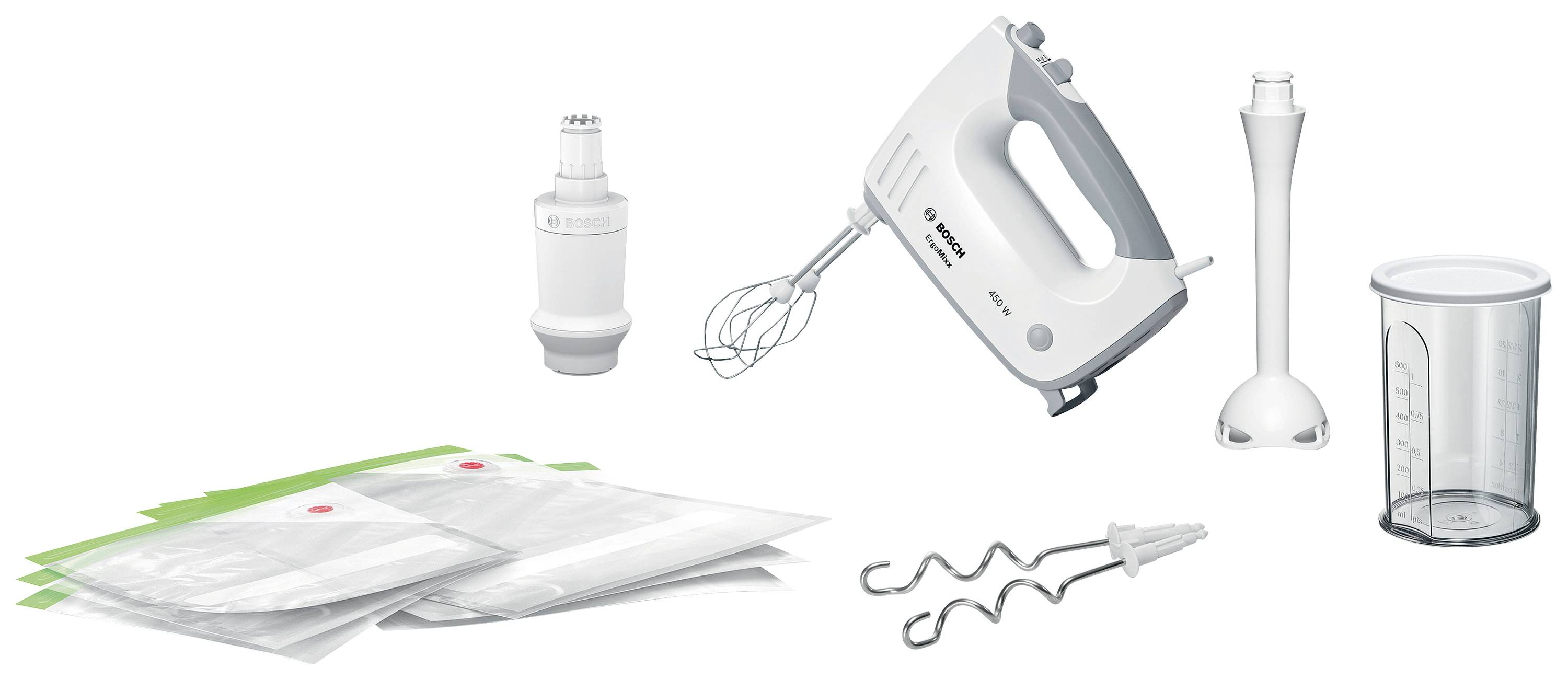 Multi-piece kitchen appliance set with hand mixer, blender stick, dough hook, chopper attachment, measuring jug and vacuum storage bags.