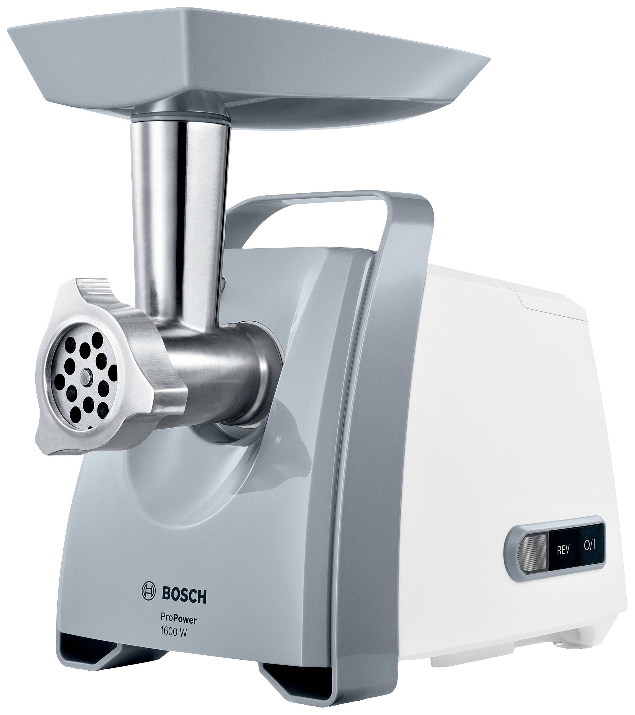 Electric meat grinder by Bosch, ProPower model 1600 W, in grey and white, shows front view with feed tray and switch.