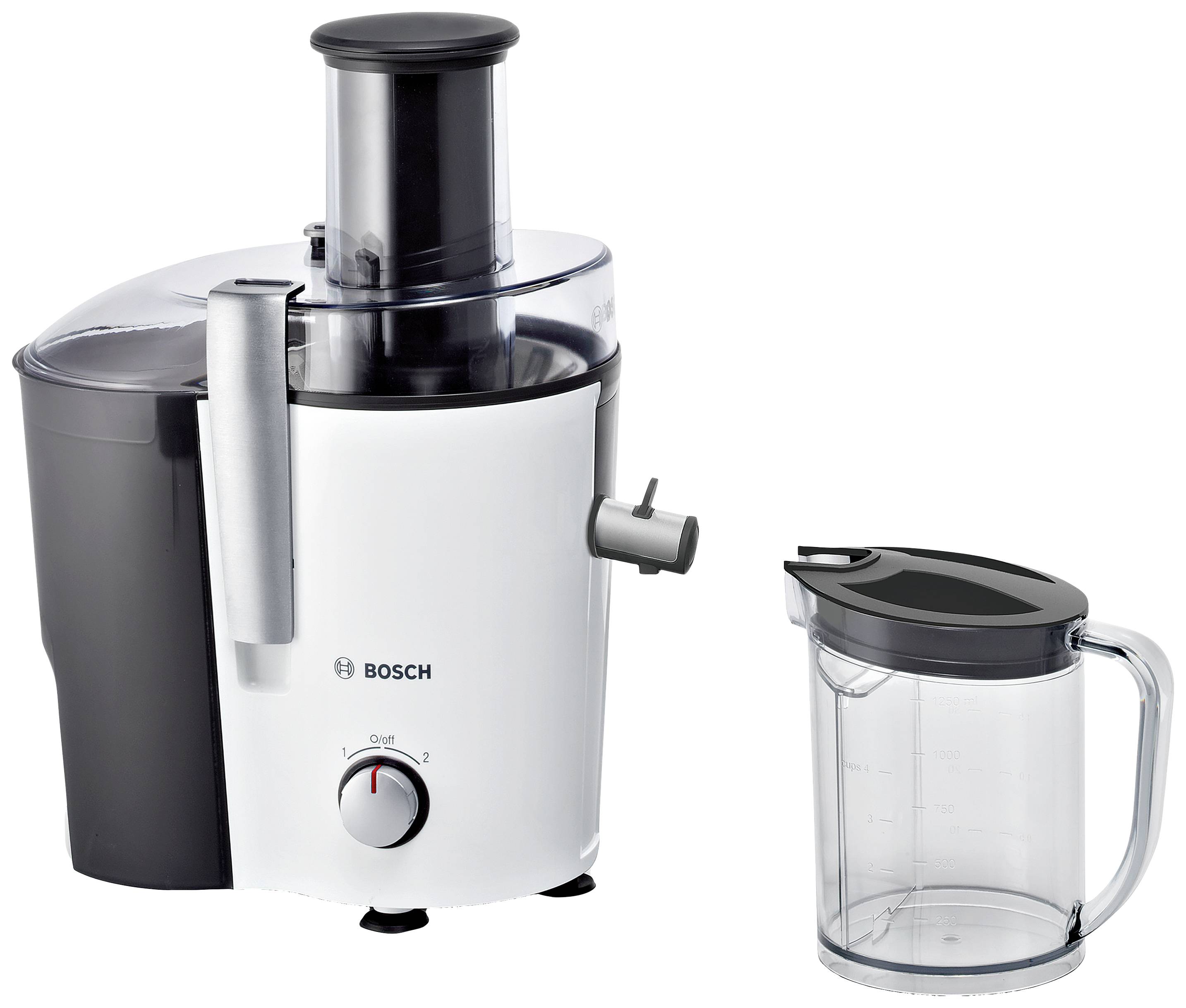 Stainless steel juicer with transparent juice jug. Brand name visible on the appliance. Suitable for juicing fruits and vegetables.