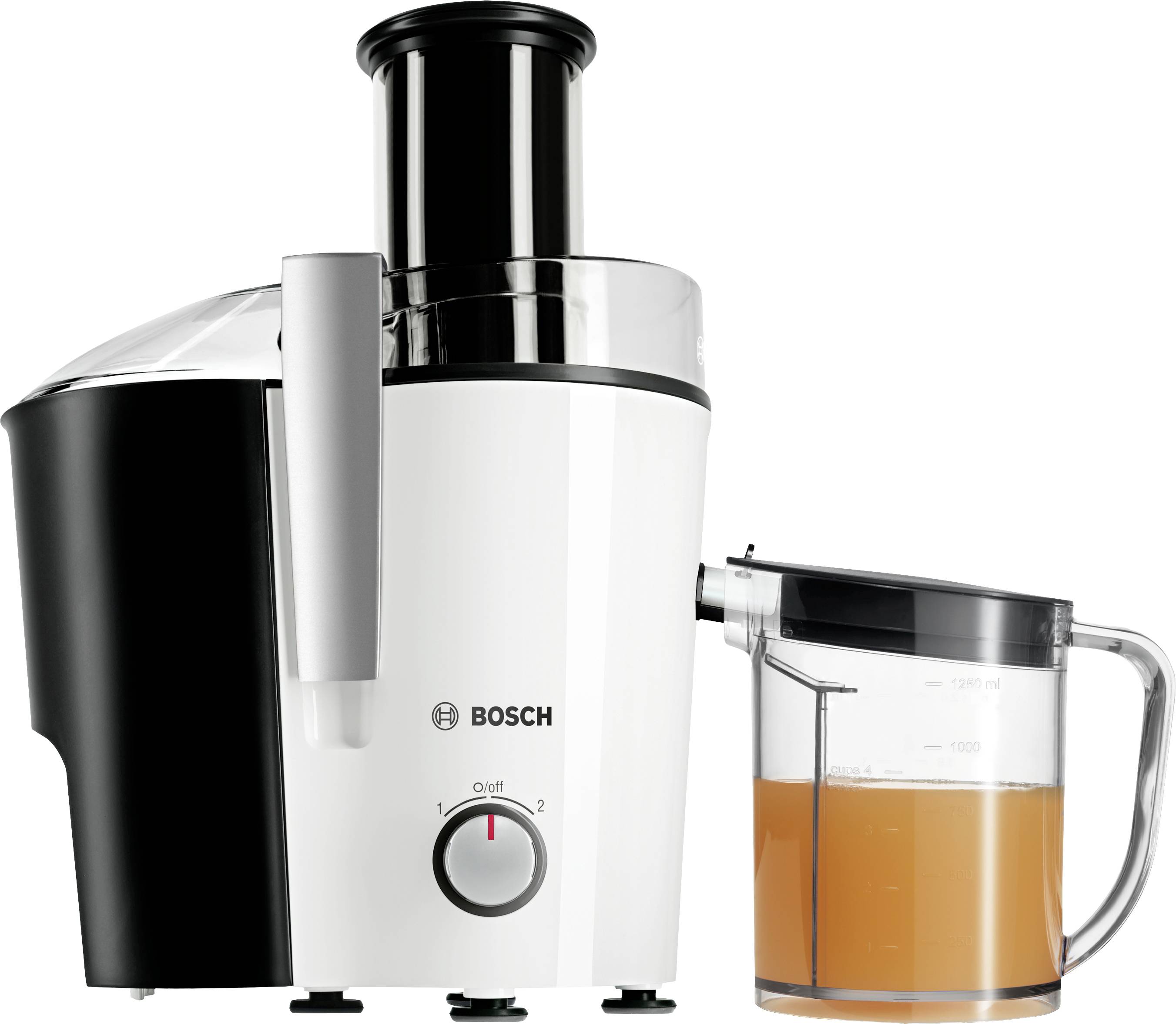 A Bosch electric juicer with a transparent jug beside it, partially filled with freshly squeezed juice.