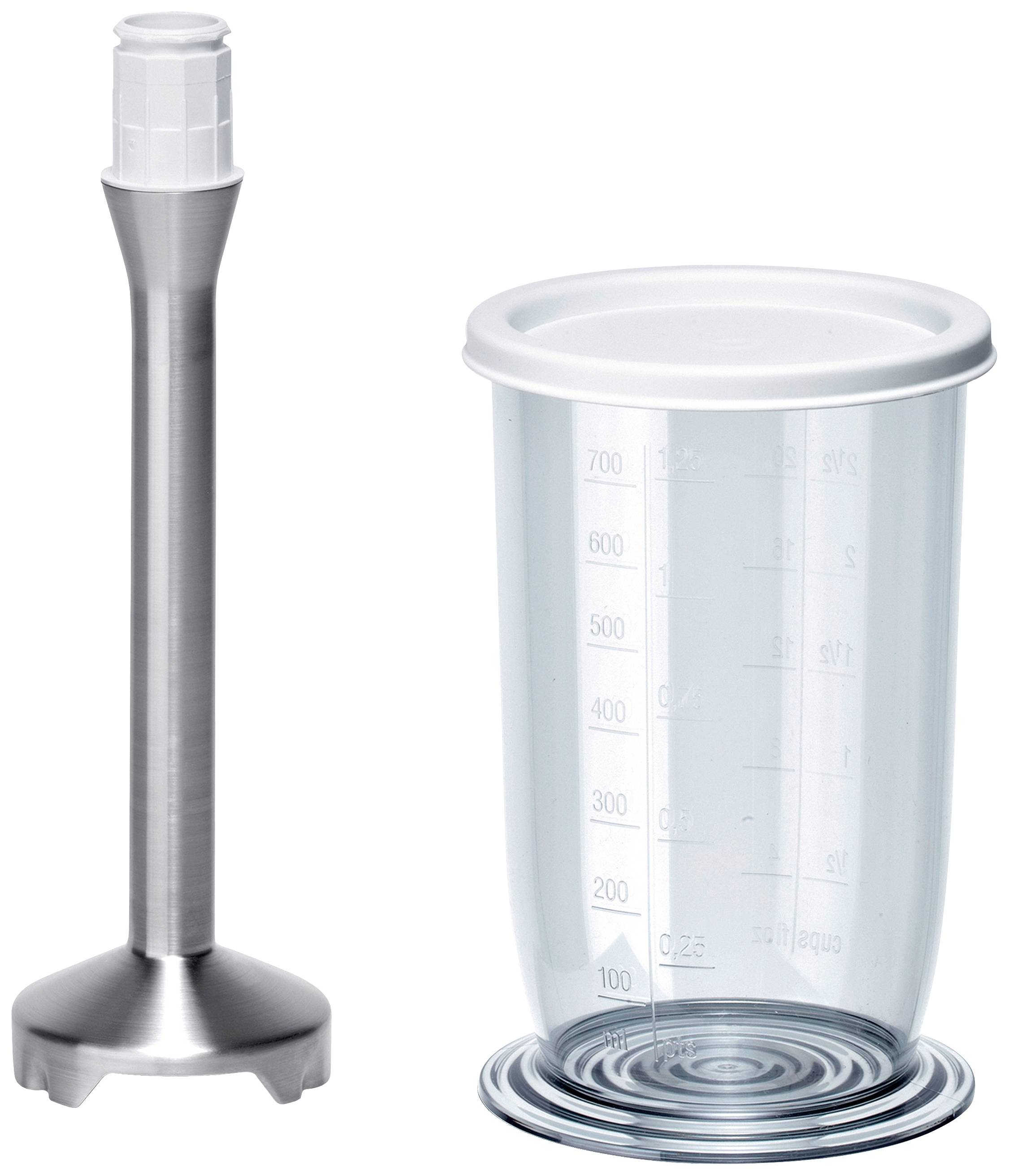 Stainless steel mixing stick and a transparent measuring jug with lid, marked up to 700 ml. Ideal for mixing and measuring ingredients.