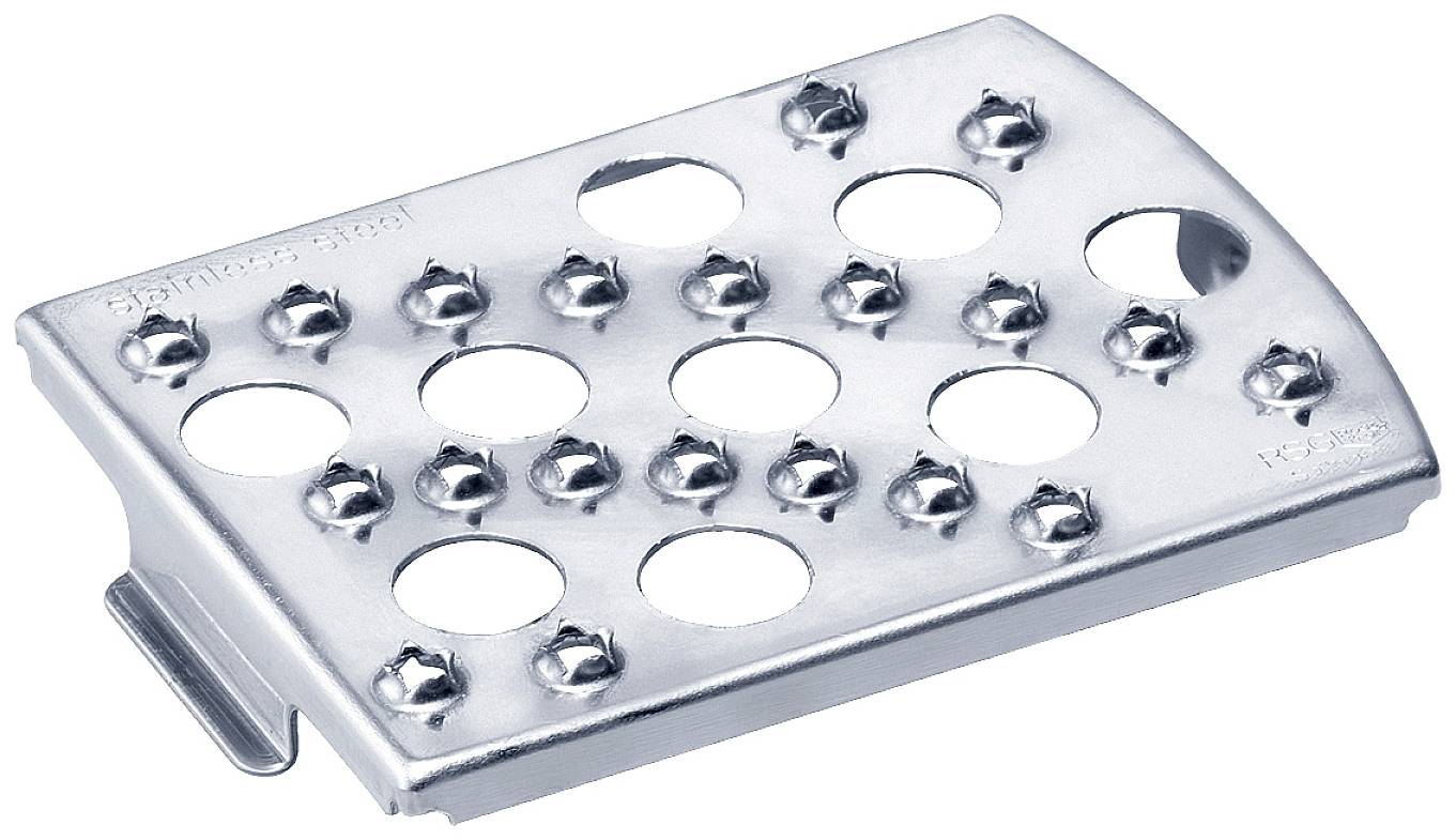 Metal grater with round holes and serrated edges, used for finely grating food.