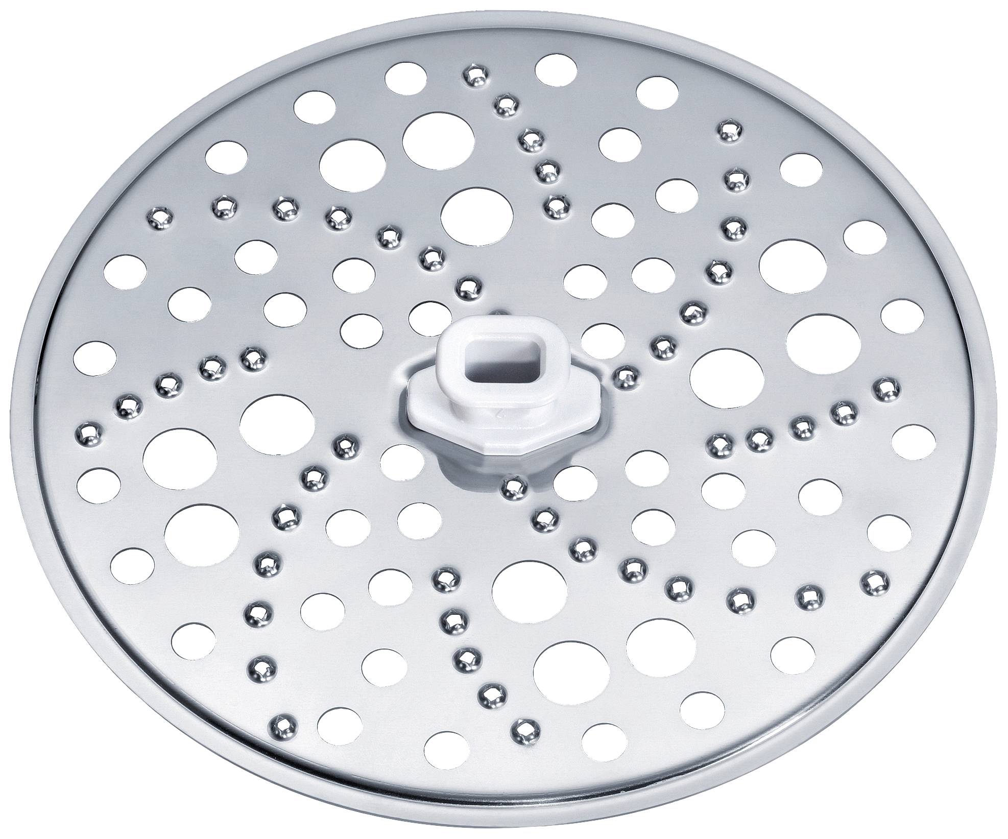 A silver round metal disc with various hole sizes, likely a cutting insert for a food processor.