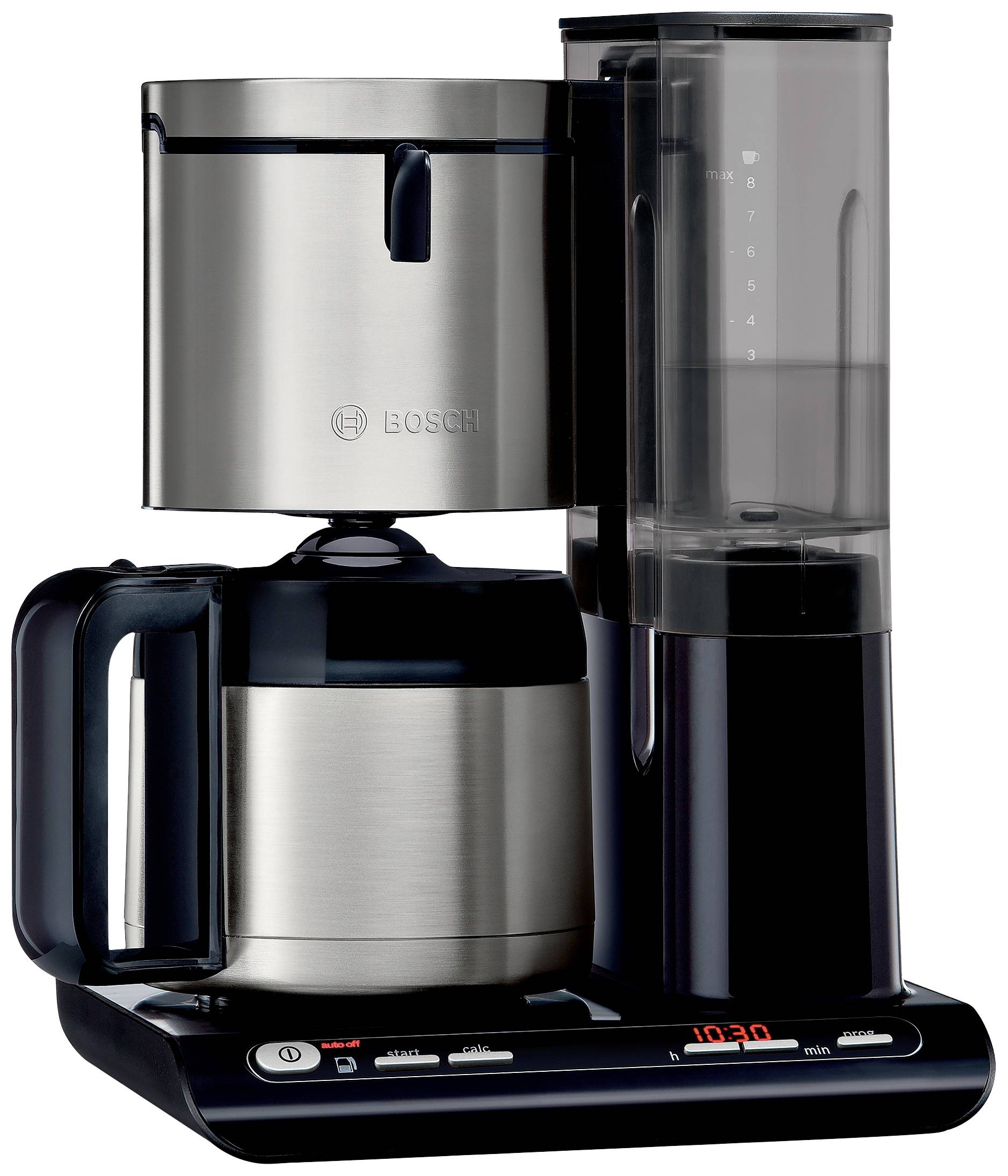 A silver and black coffee machine with a digital time display and glass carafe. The 'Bosch' brand name visible on the metal part.