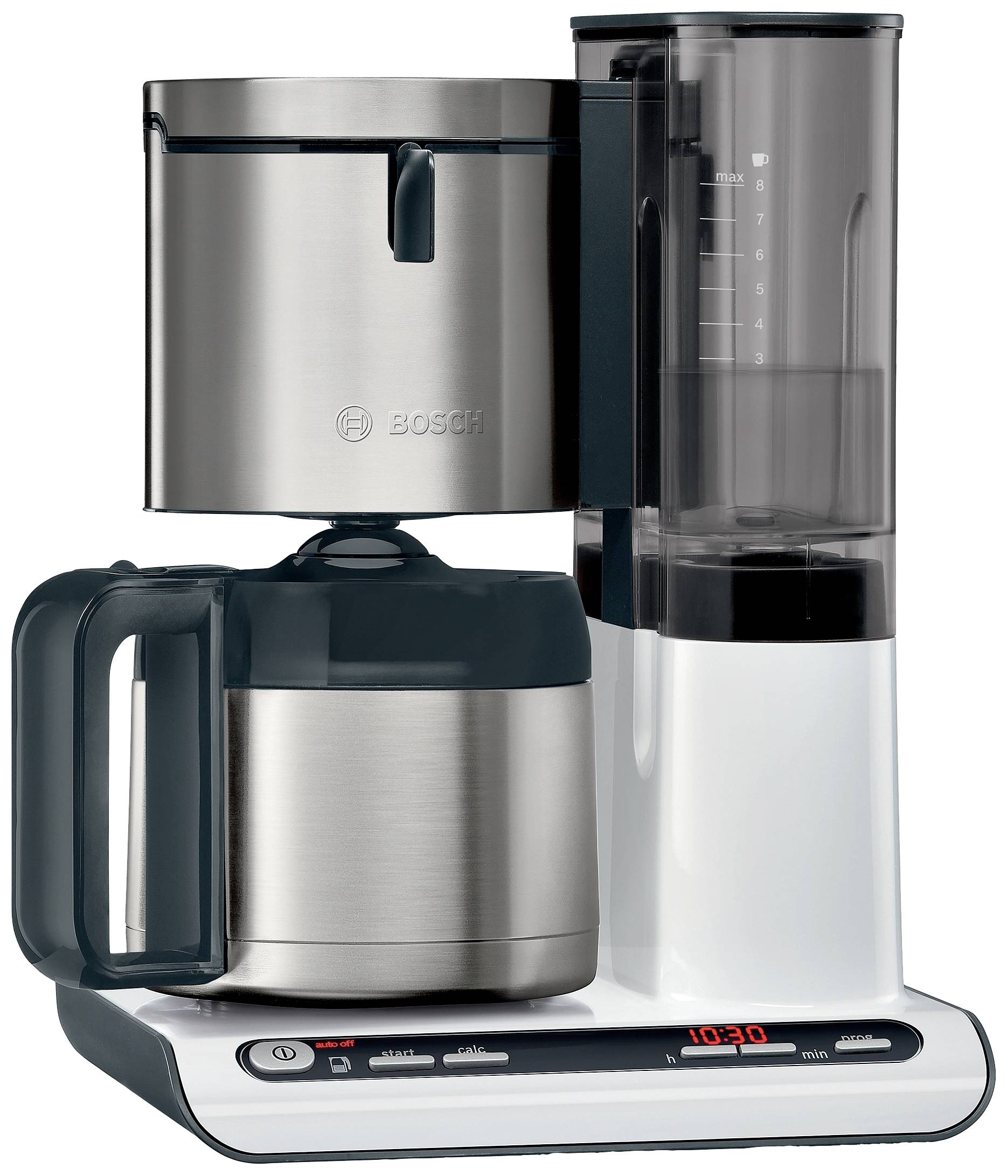 Filter coffee machine with digital display, stainless steel casing and glass carafe. Shows time and water level indicator.