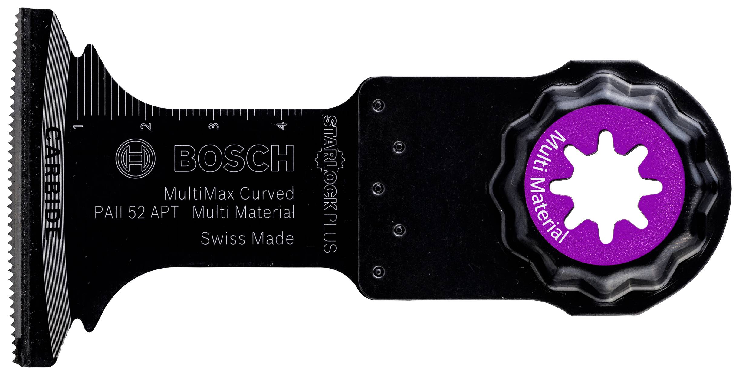A black, curved Bosch saw blade with a purple 'Multi Material' marking, suitable for MultiMax tools, Swiss Made.