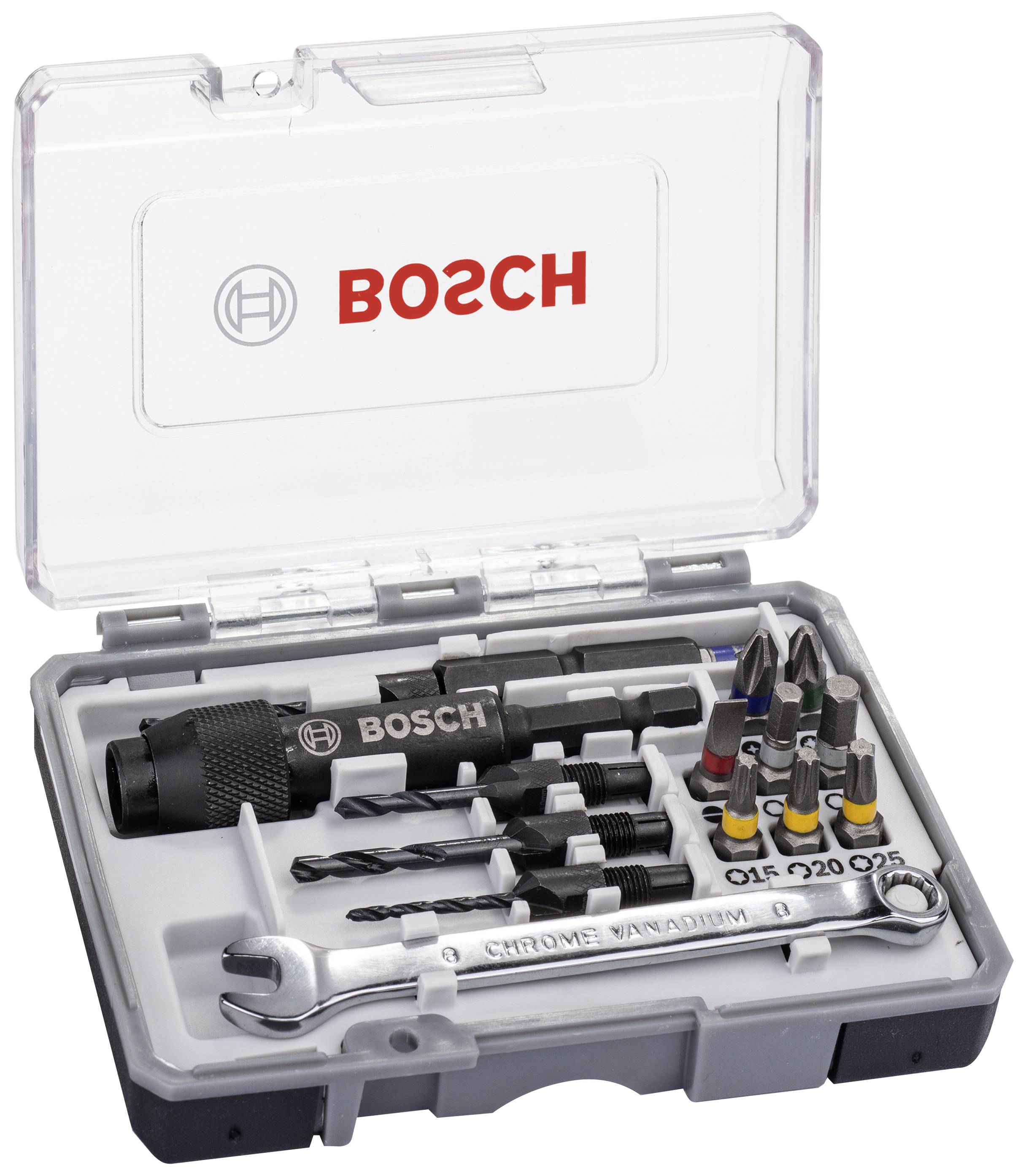 Bosch tool set in an open plastic case, containing screwdriver bits, drill bits, a bit adapter and a spanner.