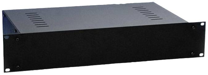 Black powder-coated 19-inch rack enclosure with ventilation slots on the top, suitable for housing server or audio equipment.