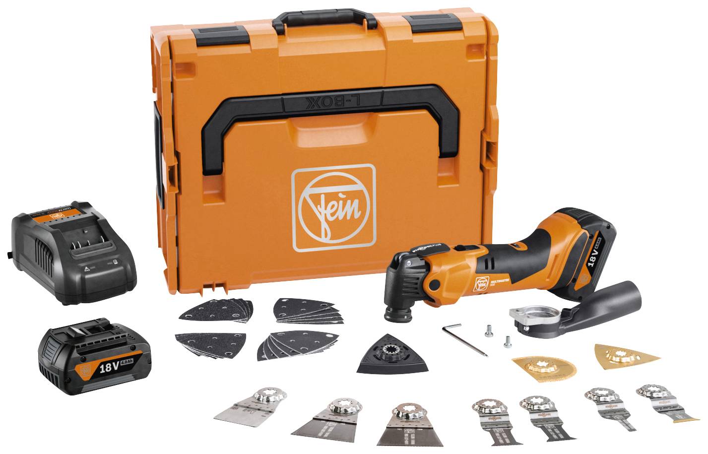 Multi-function tool set with orange case, charger, batteries, sanding sheets and various attachments.