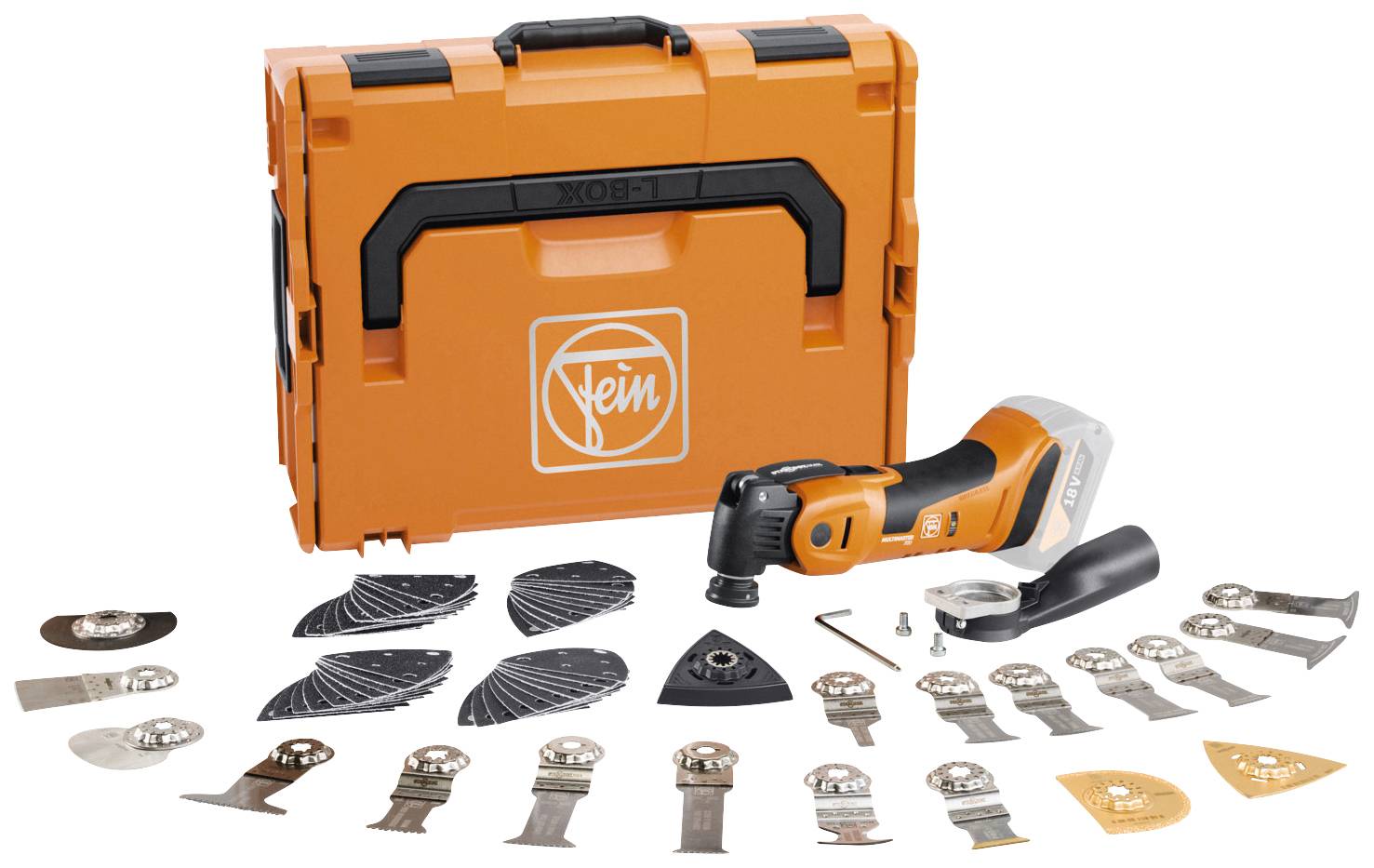 A multi-tool with various attachments and accessories in front of an orange tool case.