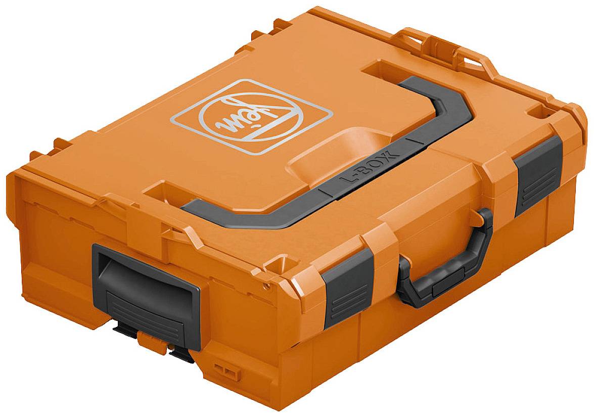 An orange tool case with a black handle and logo. Used for the safe transportation and storage of tools.Note: The translation is in British English, maintaining the original meaning and description of the tool case.