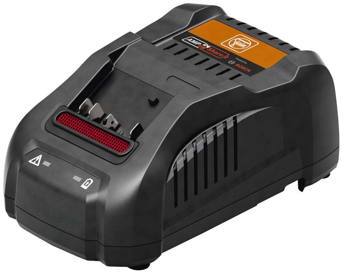 Black battery charger with angled design, featuring cooling fins and indicator lights. Brand logo on the top surface.
