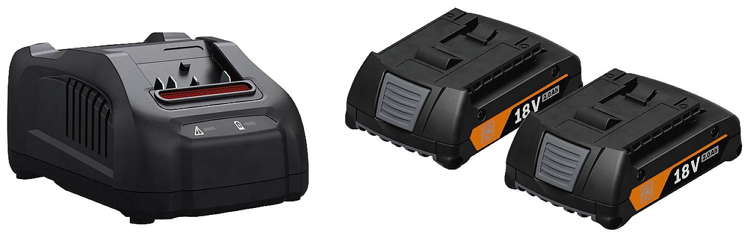 Charger and two 18V lithium-ion batteries on a white background. Ideal for power tools.