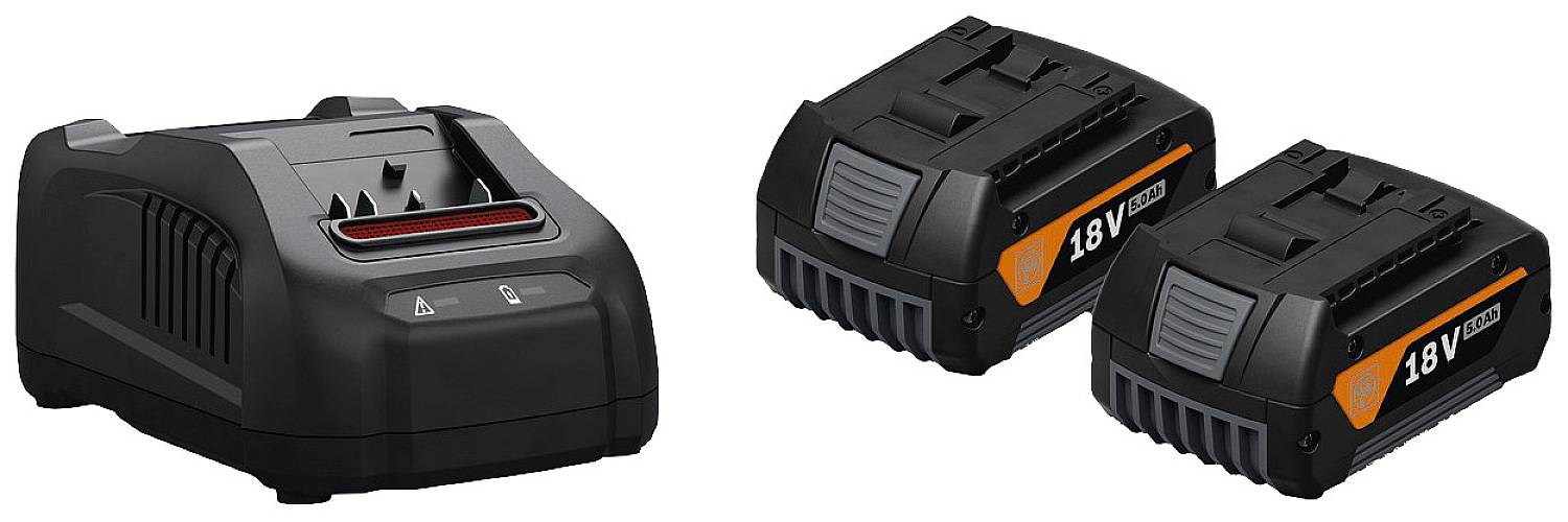 Battery charger with two compatible 18V battery packs for power tools.
