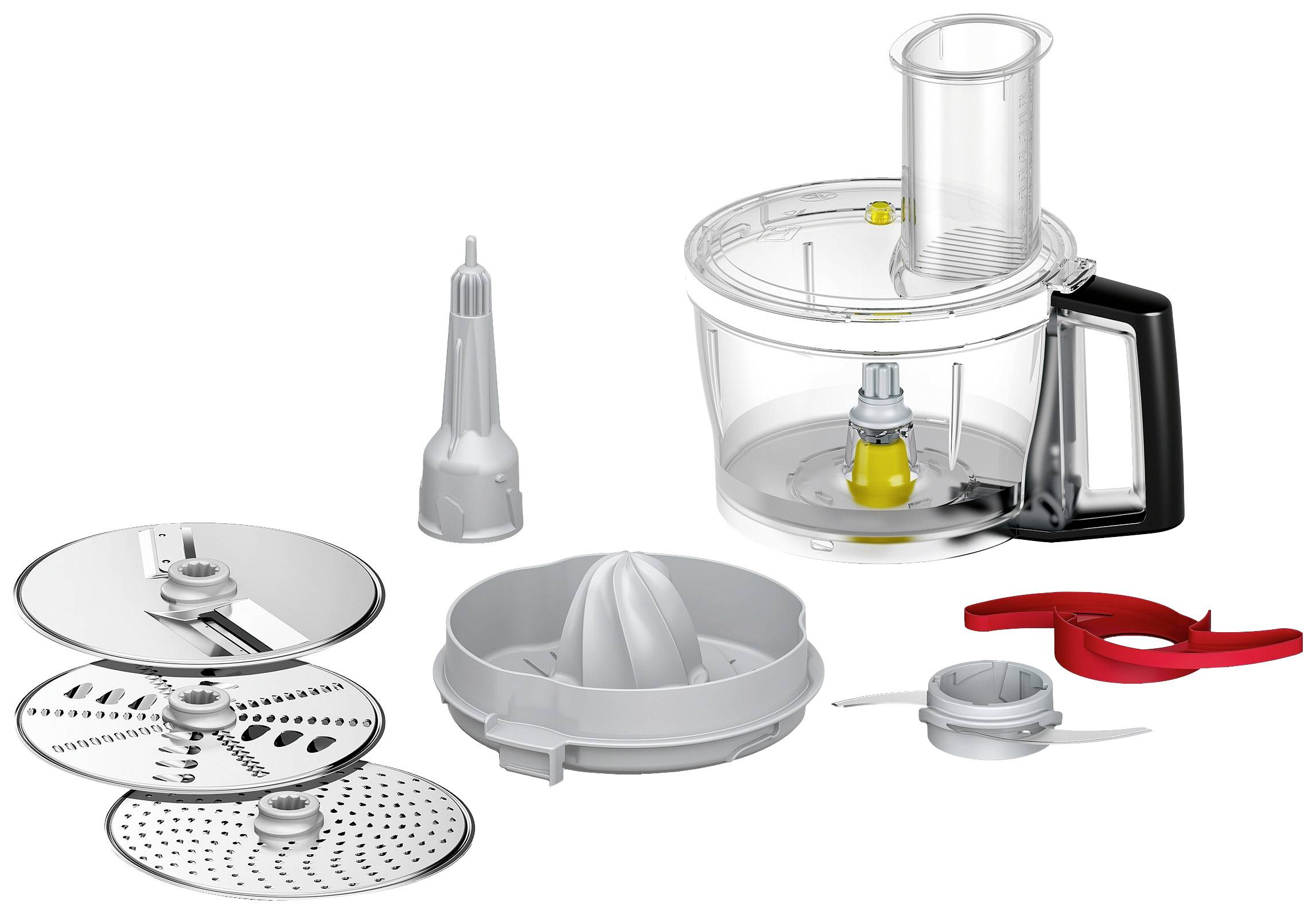 A food processor accessory set with various blades, a citrus juicer, and a large container with a handle.