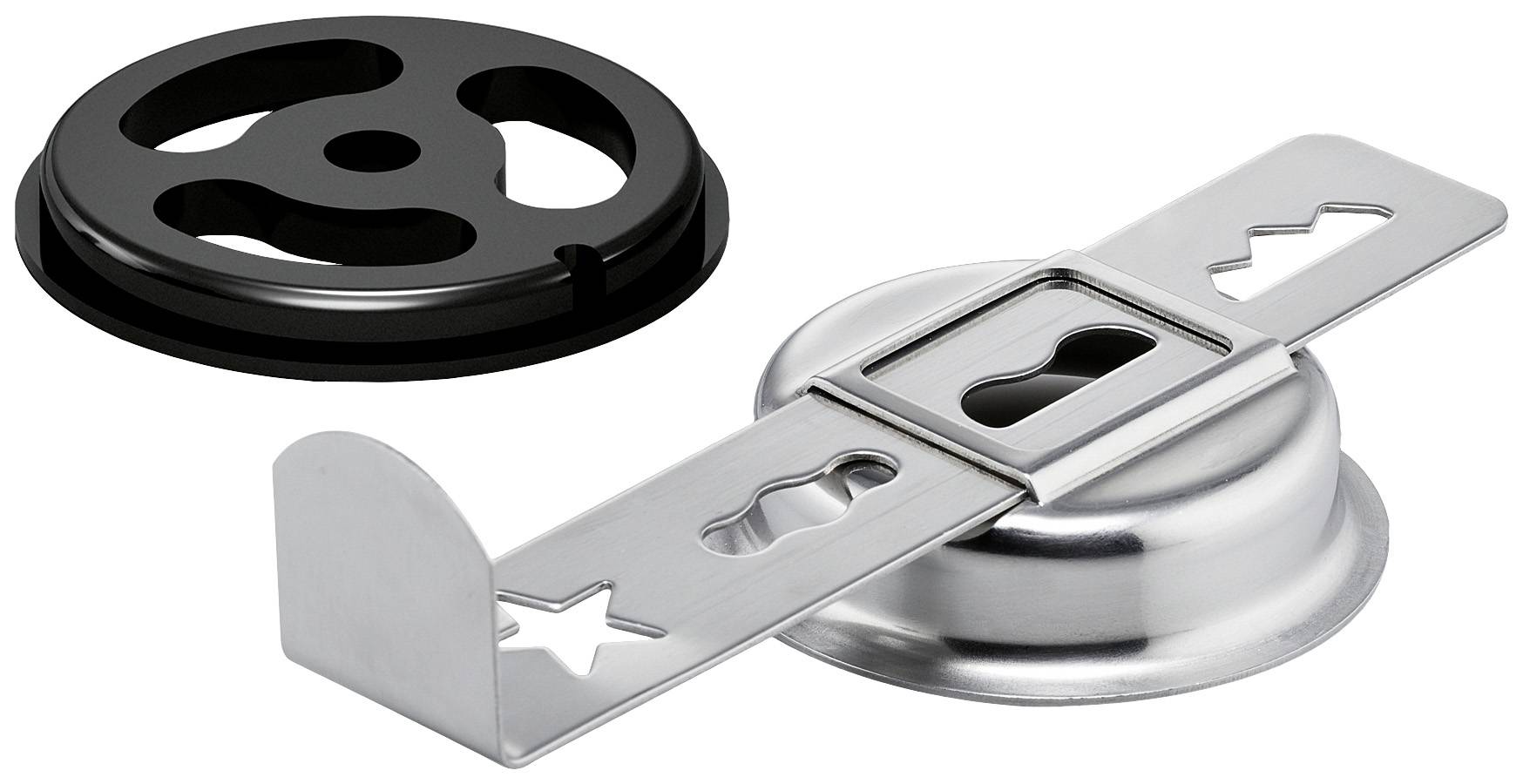 A silver tin opener with various key and star-shaped attachments lies next to a black plastic cover.