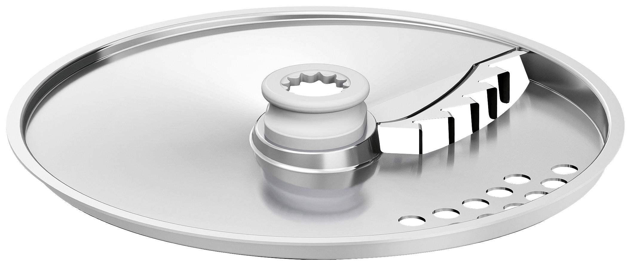 Silver metal disc with a central mounting point, serrated edge, and small round openings. Suitable for use with kitchen appliances or machinery.