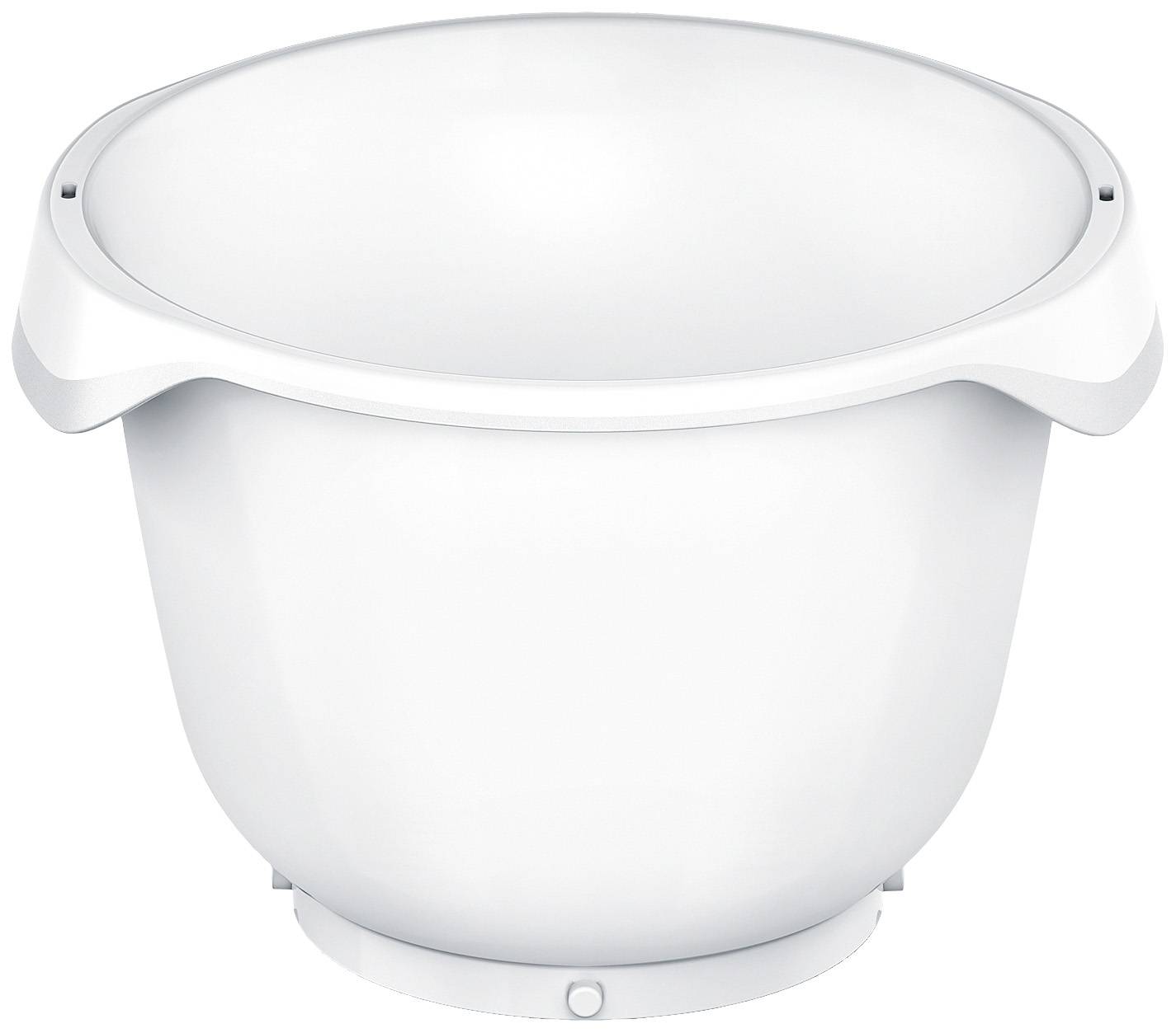White plastic mixing bowl with a wide rim, rounded shape, and smooth surface.