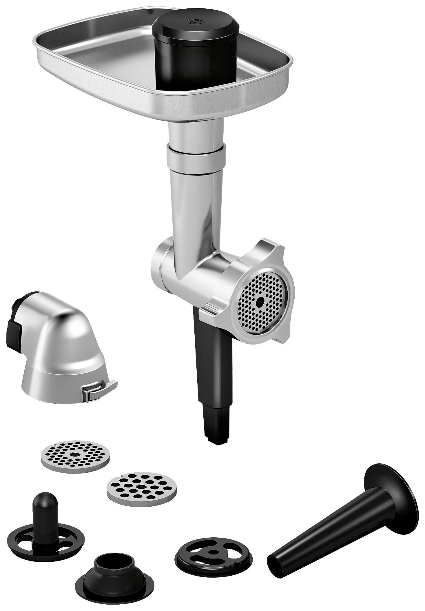 Mincer attachment for food mixer with various perforated discs and accessories.