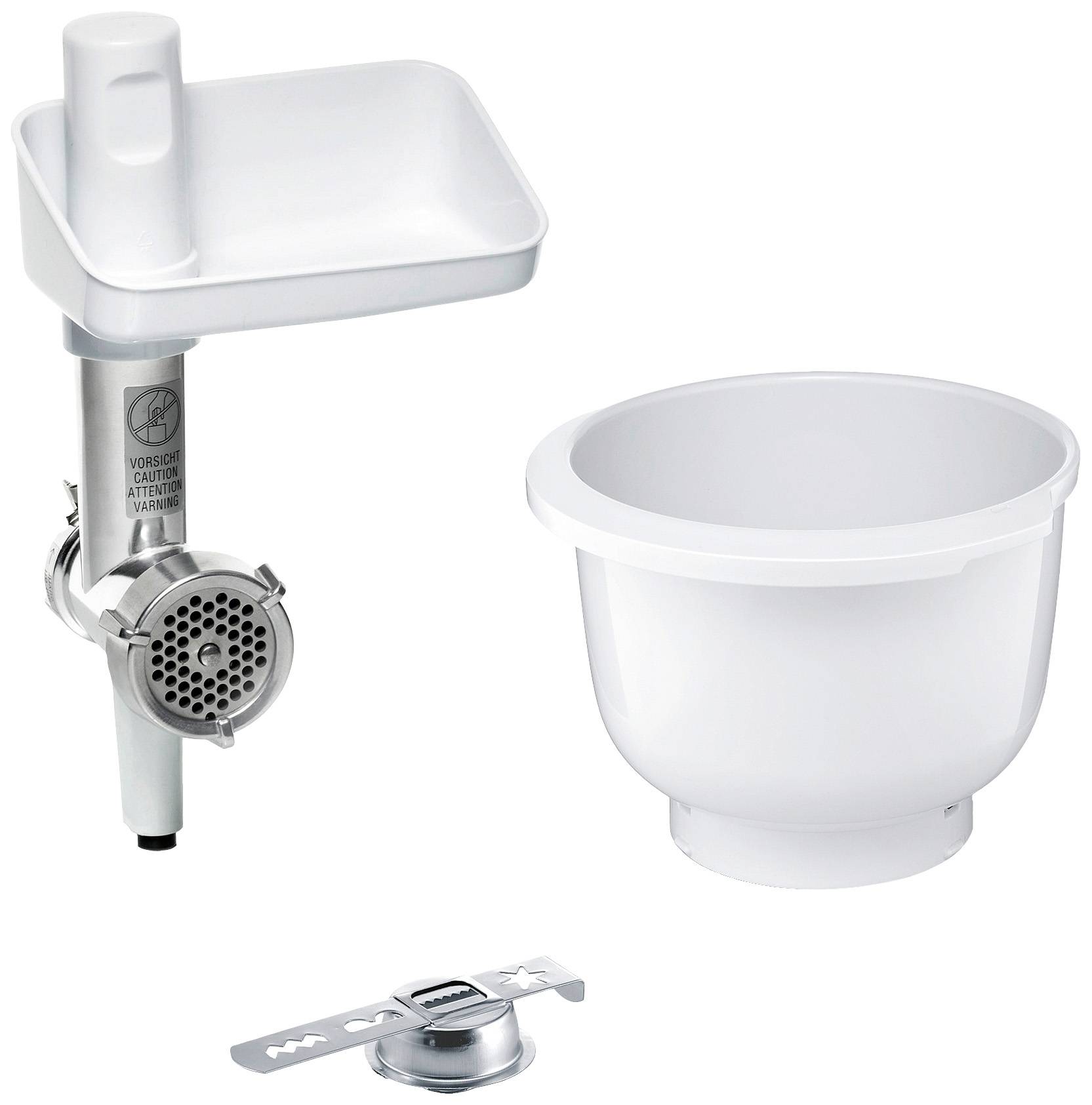 A kitchen machine accessory set with meat grinder attachment, mixing bowl and mixer adapter, presented in a simple, white design.
