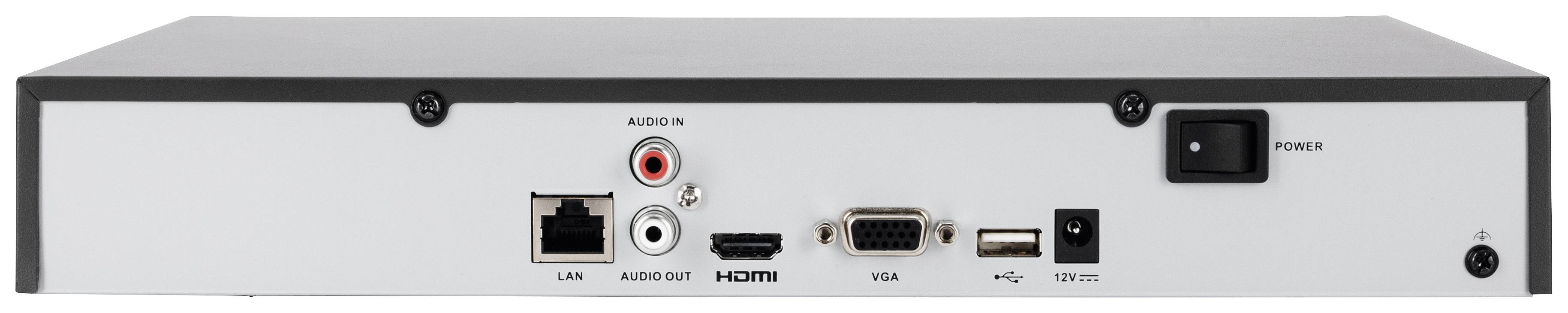 Back of a device with connections: Ethernet, Audio input/output, HDMI, VGA, USB, DC. Power switch on the right.