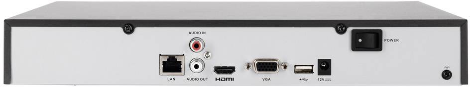 The back of an electronic device shows connections: LAN, Audio In, HDMI, VGA, USB, power socket and a power switch.