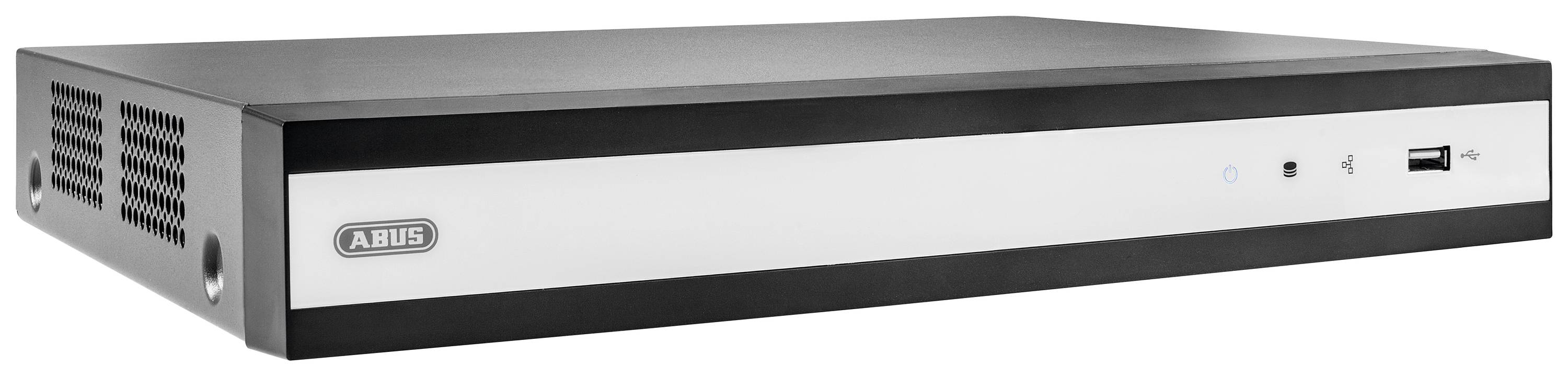 A rectangular recorder with a silver front panel and black casing. Brand logo on the front. USB port visible.