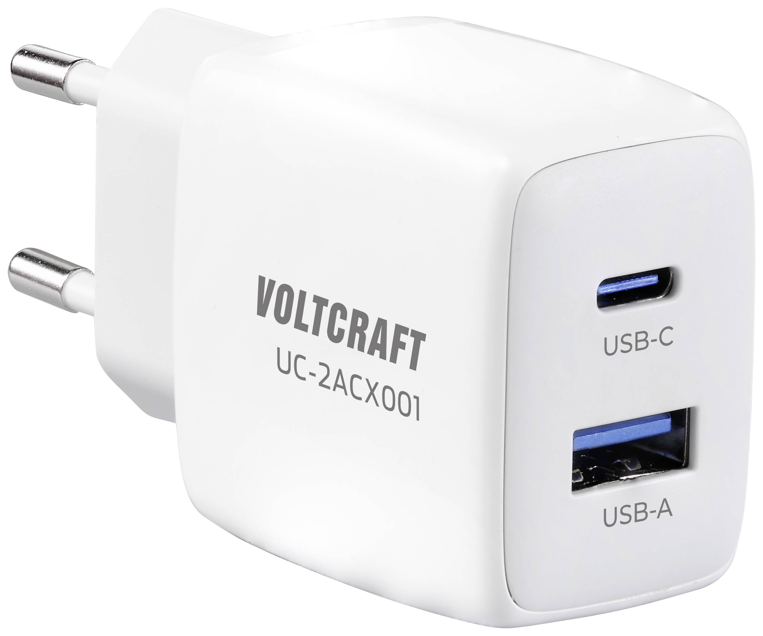 White power supply with two USB ports: USB-C and USB-A. Marking 'VOLTCRAFT UC-2ACX001' on the casing.