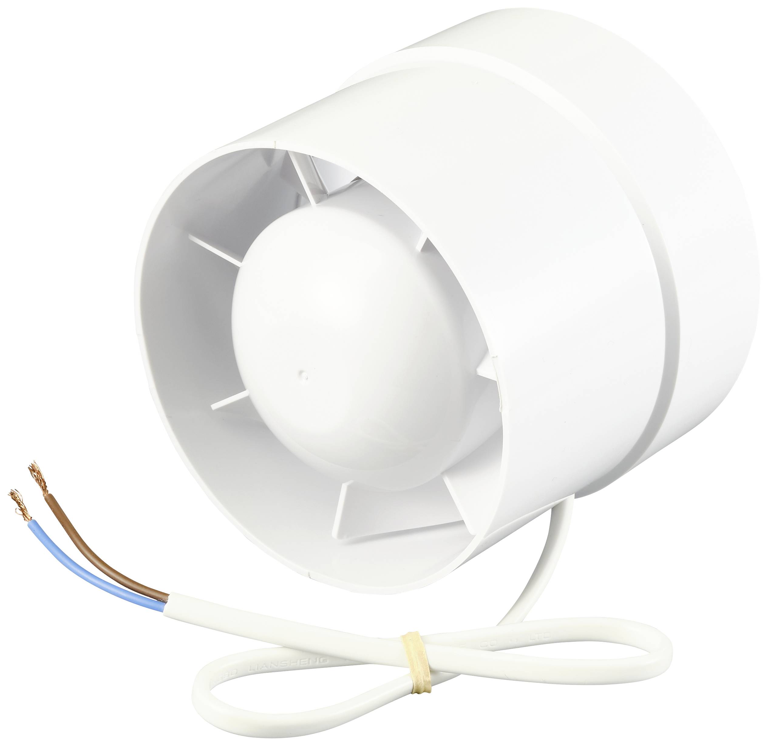 White, cylindrical electric fan with a short cable. Suitable for ventilation in small rooms.