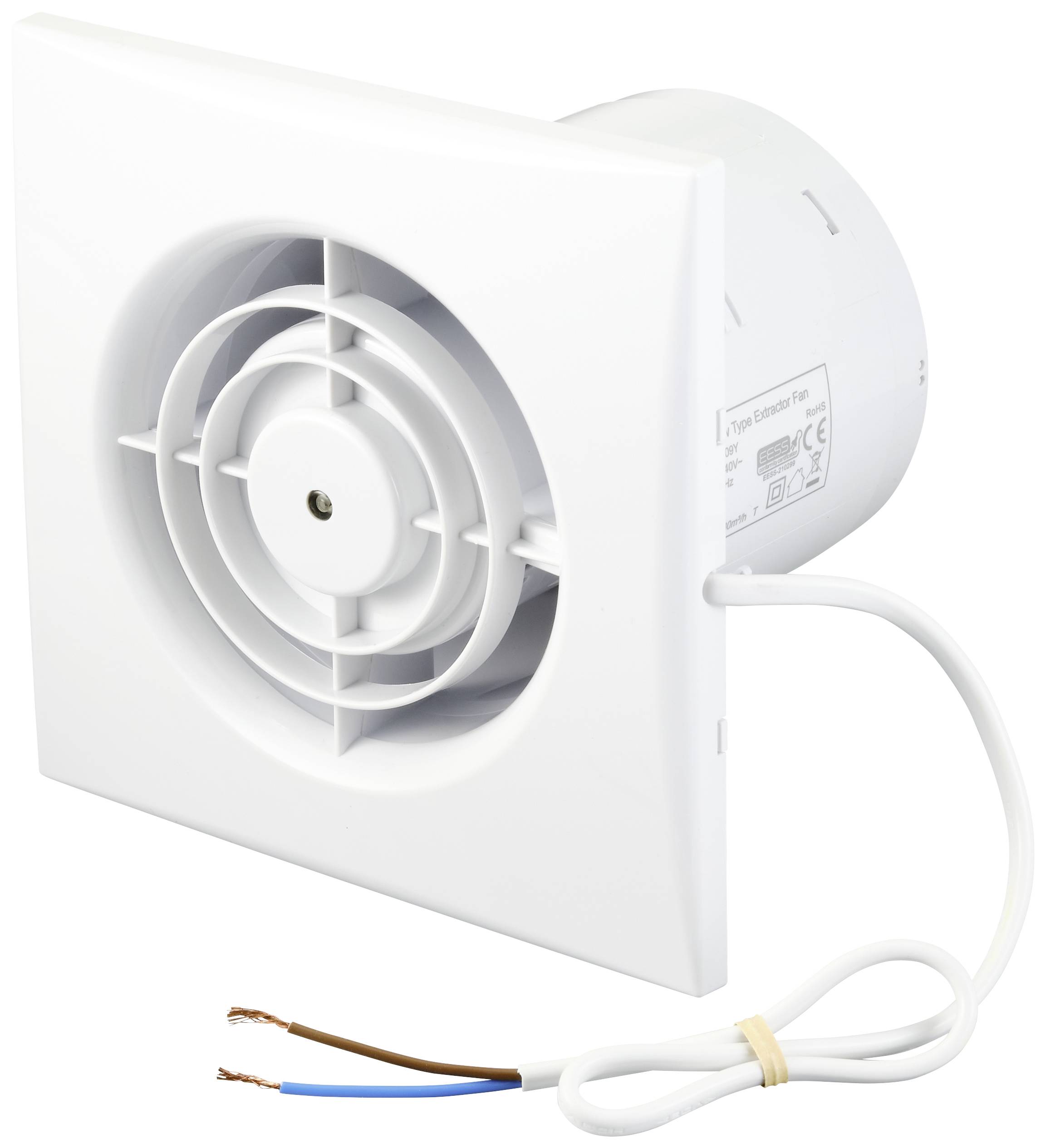 A white bathroom extractor fan with a circular front cover and exposed wires is shown. The device is suitable for wall mounting.
