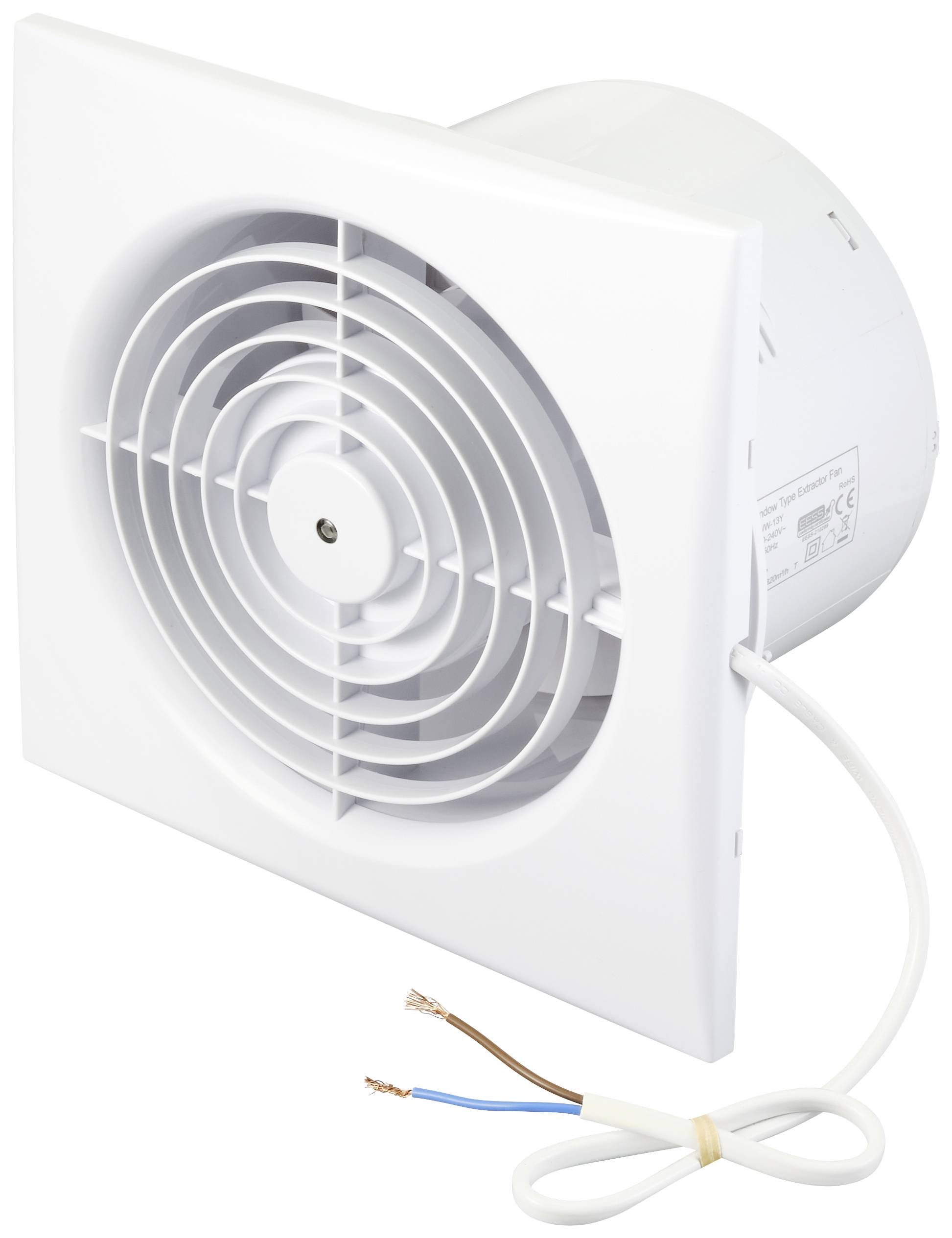 A white wall-mounted electric fan with a circular grille, with a connection cable featuring two exposed copper wires also visible.