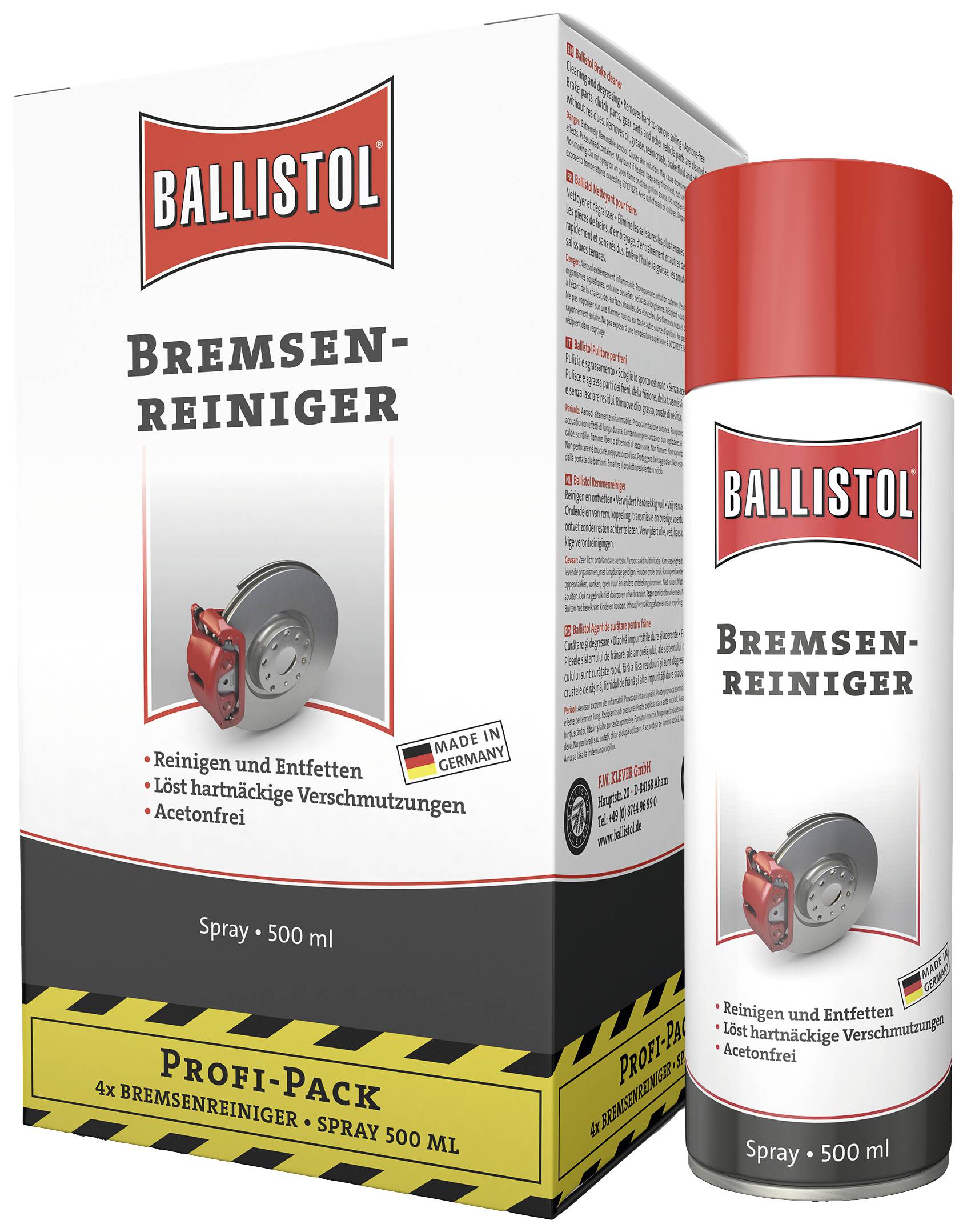 Packaging of an aerosol can with the label 'Ballistol Brake Cleaner'. Contains 4 cans of 500 ml each. Cleaning and degreasing of brakes.