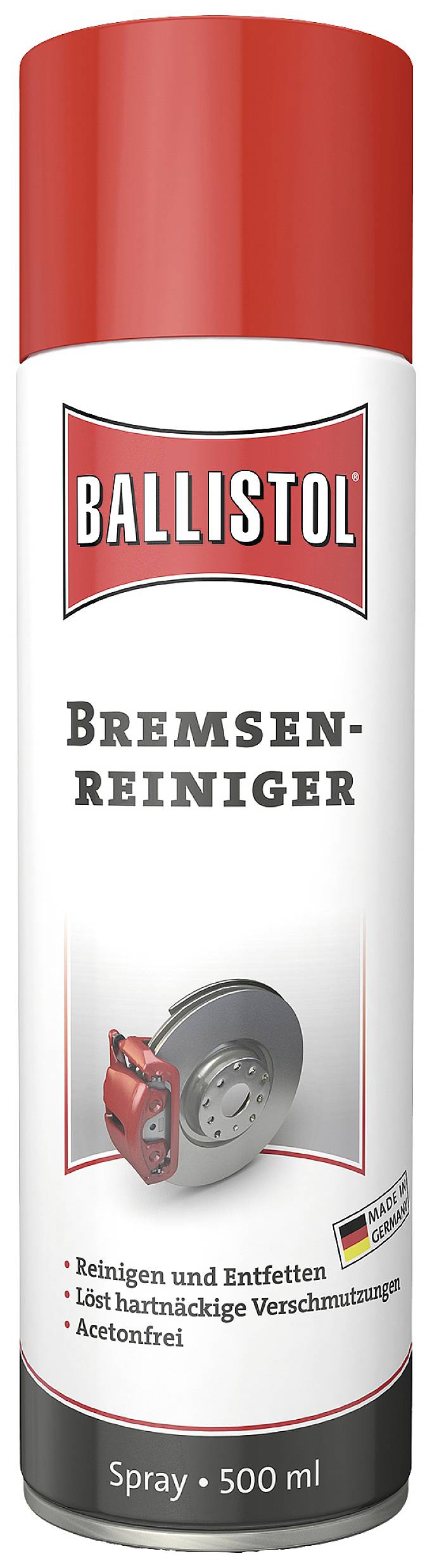 Spray can with the label 'Ballistol Brake Cleaner'. Red cap, 500 ml, for cleaning and degreasing brakes. Acetone-free.