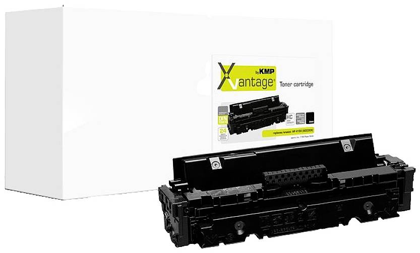 Toner Cartridge Product Photo: A black toner cartridge from the brand 'KMP Vantage' in front of a white packaging with product information.
