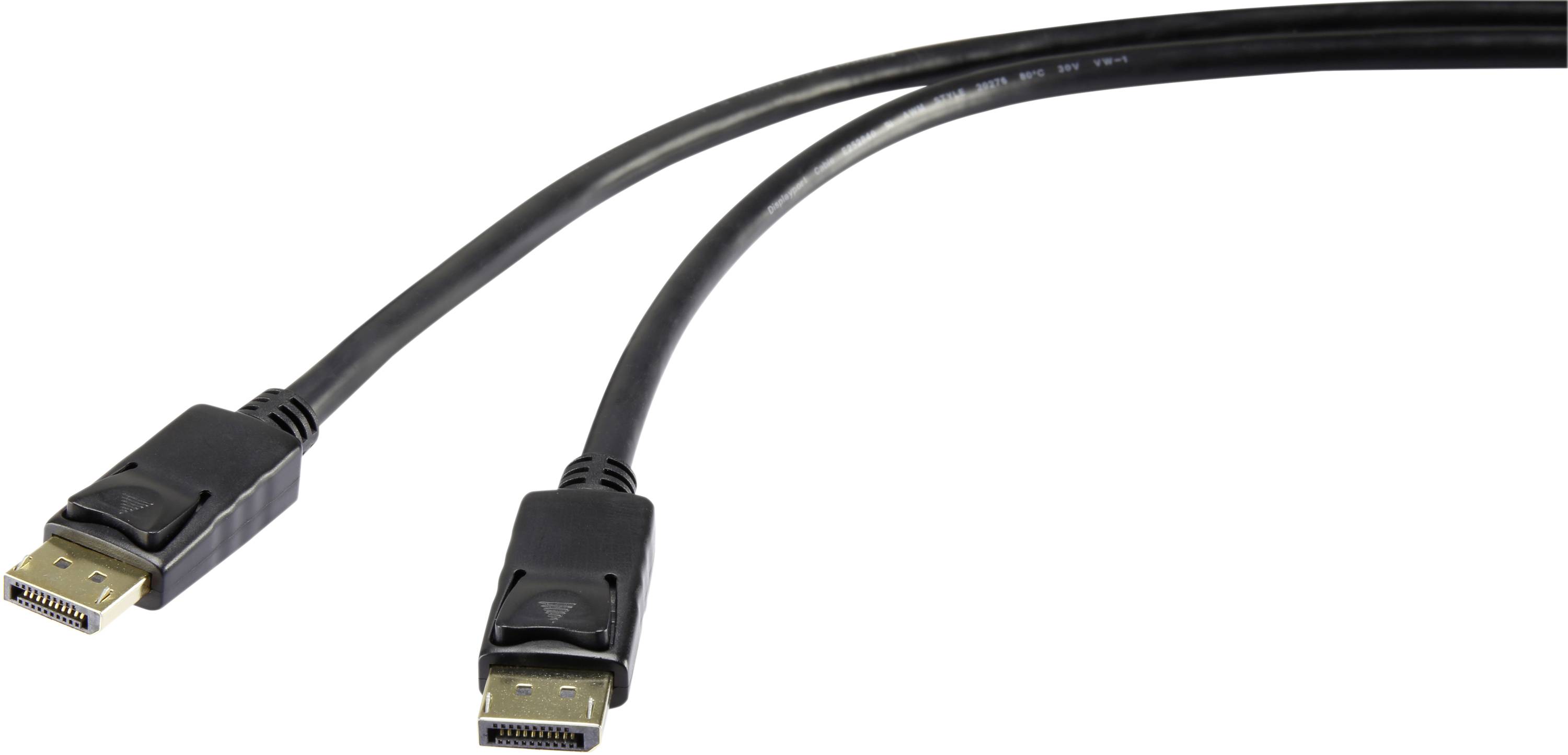 Two black DisplayPort cables with plugs at the ends, lying on a white background.