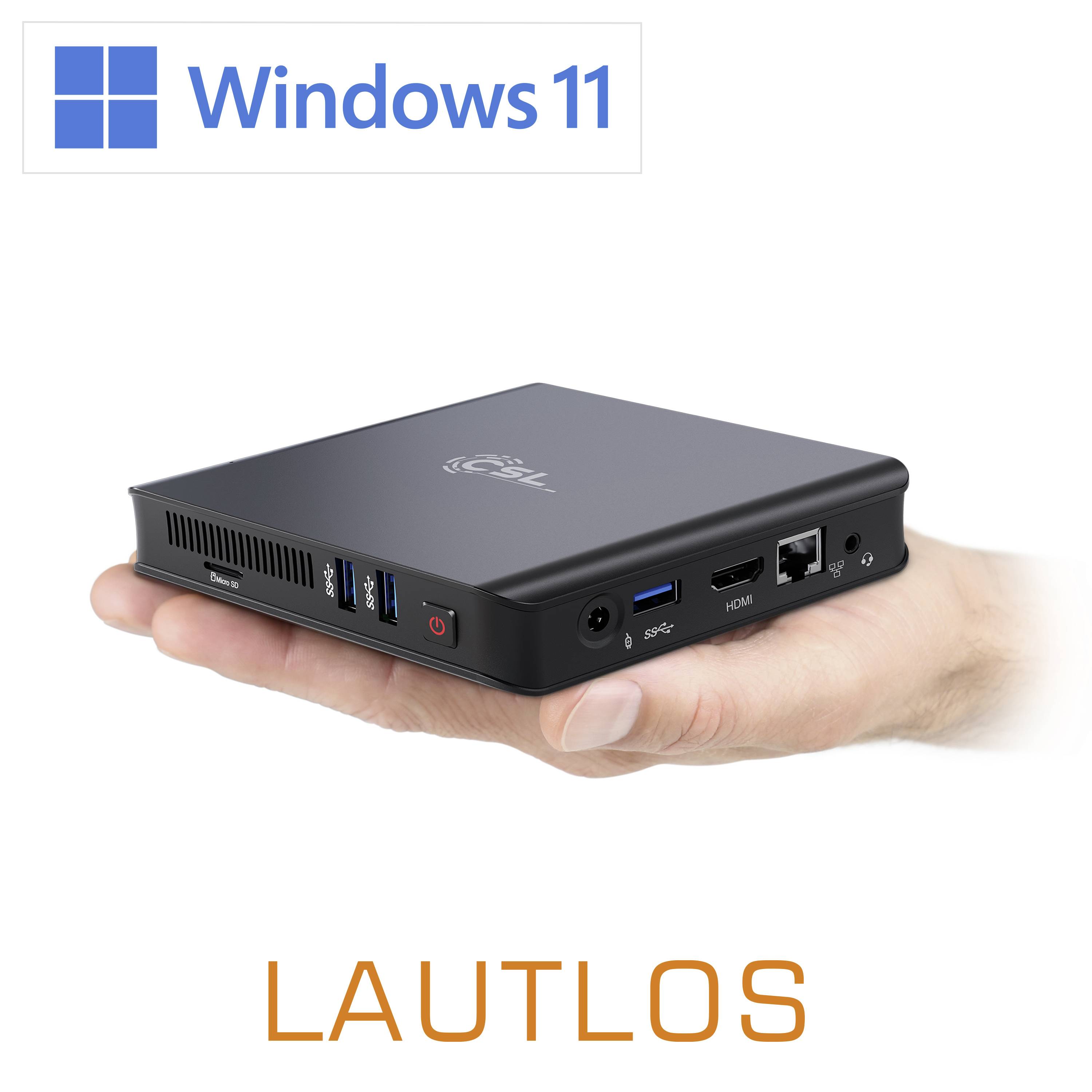 A hand is holding a compact black mini PC. The 'Windows 11' logo is positioned in the top left. Below, in orange text, is the word 'SILENT'.
