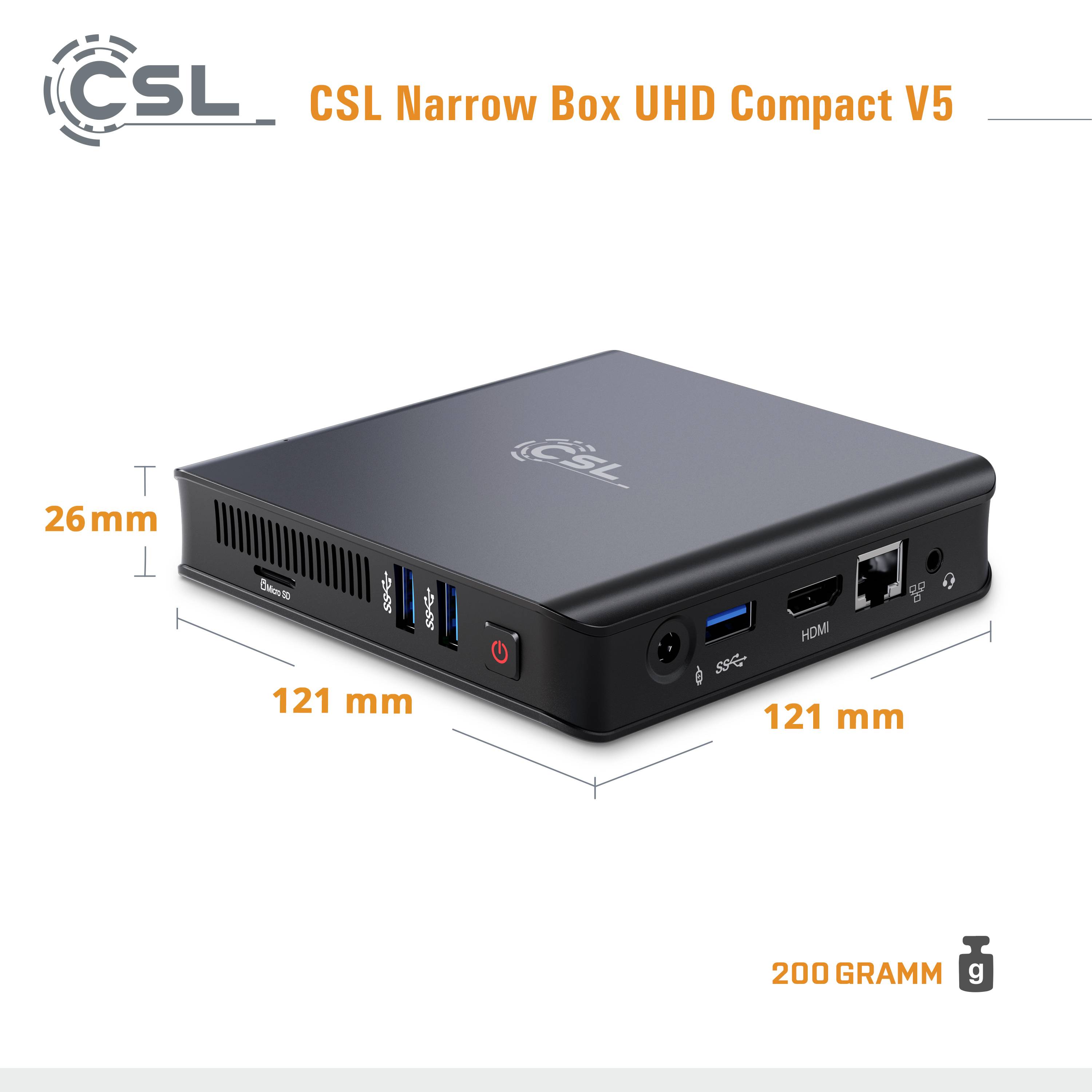 'CSL Narrow Box UHD Compact V5' is a small mini PC weighing 200 grams with dimensions of 121 mm x 121 mm x 26 mm.