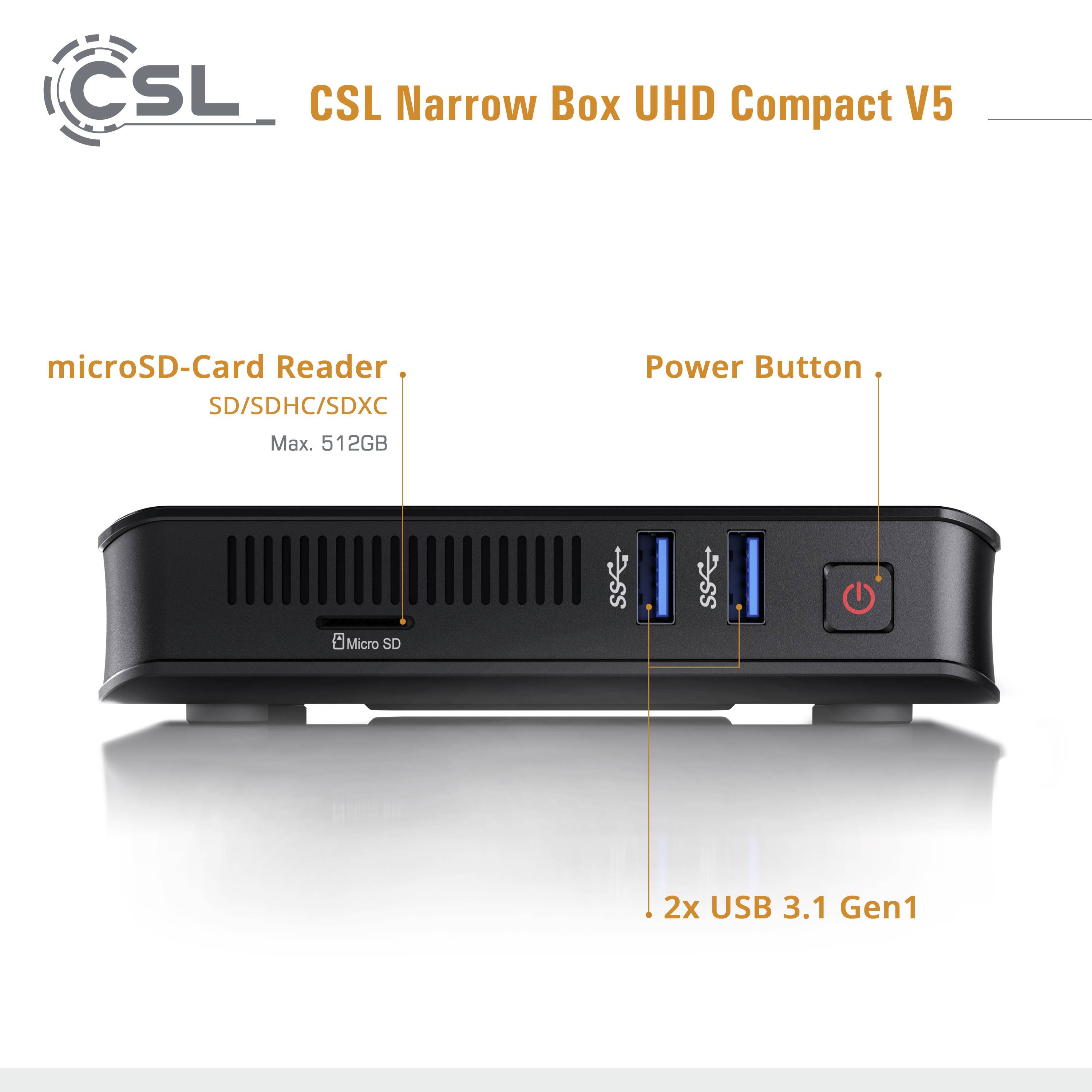 'CSL Narrow Box UHD Compact V5' with microSD card reader, two USB 3.1 Gen1 ports and power switch. Maximum capacity: 512GB.