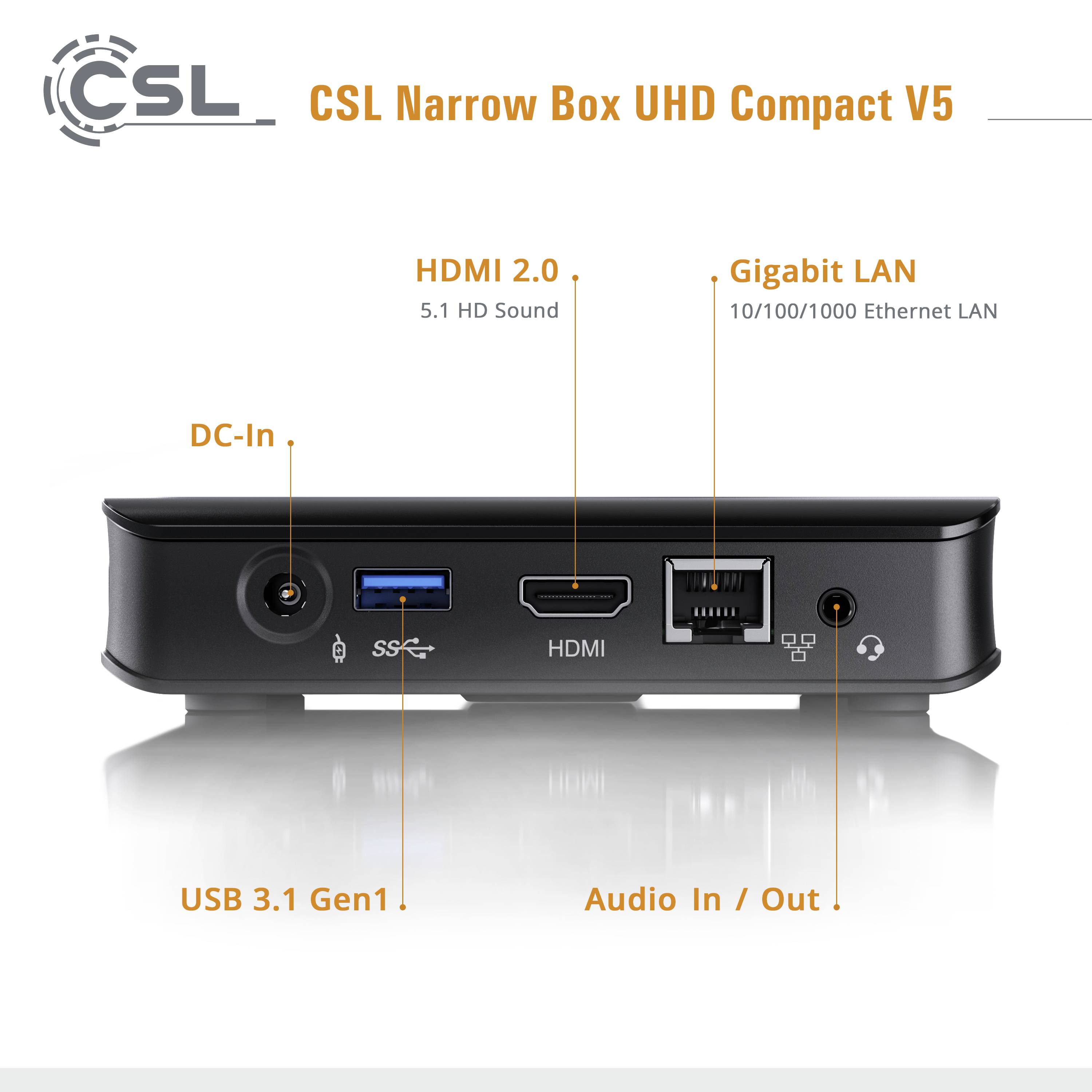 The rear panel of the CSL Narrow Box UHD Compact V5 displays connections: DC-In, USB 3.1 Gen1, HDMI, Audio In/Out, Gigabit LAN.