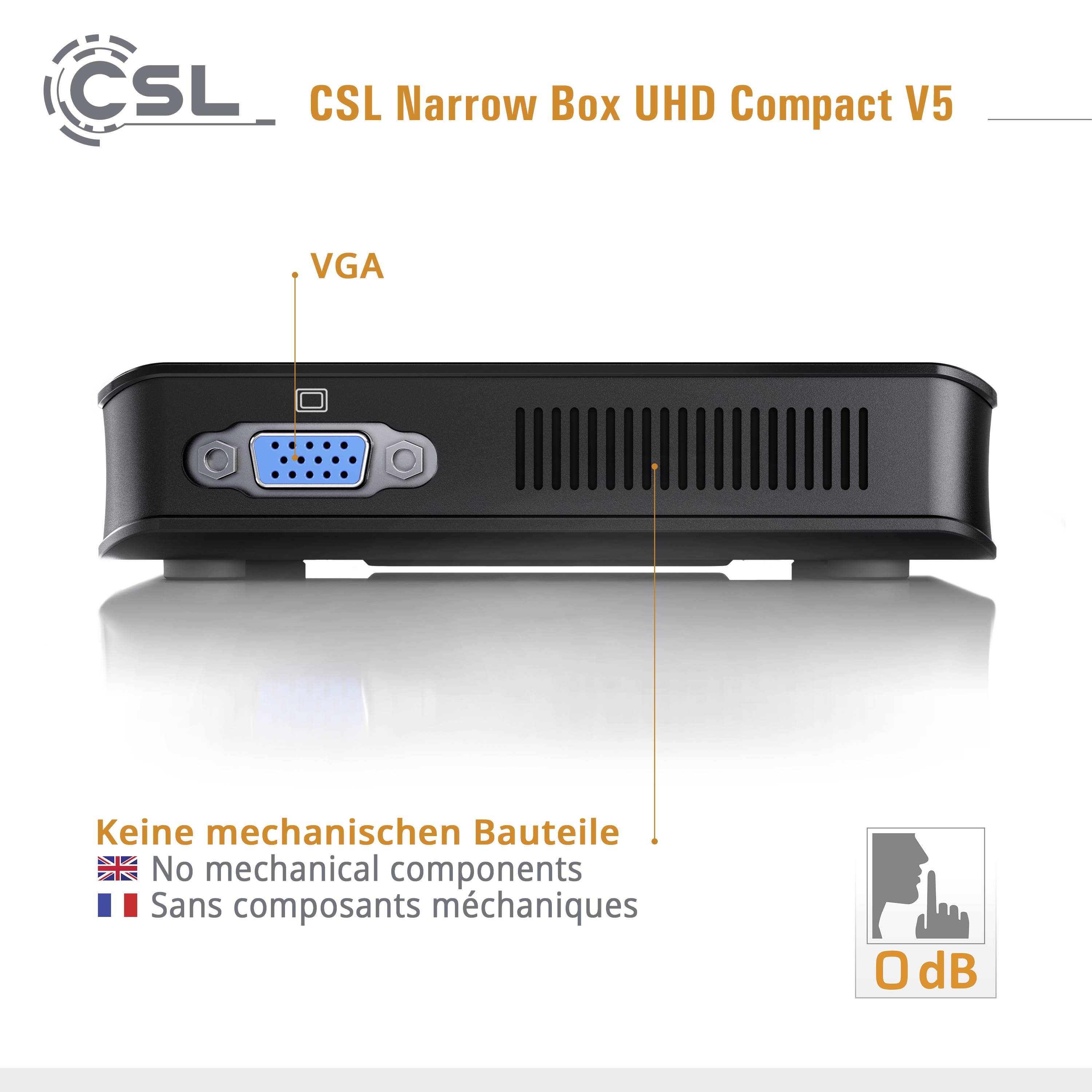 'CSL Narrow Box UHD Compact V5' displays a black set-top box with a VGA connection, without mechanical components, at 0 dB noise level.