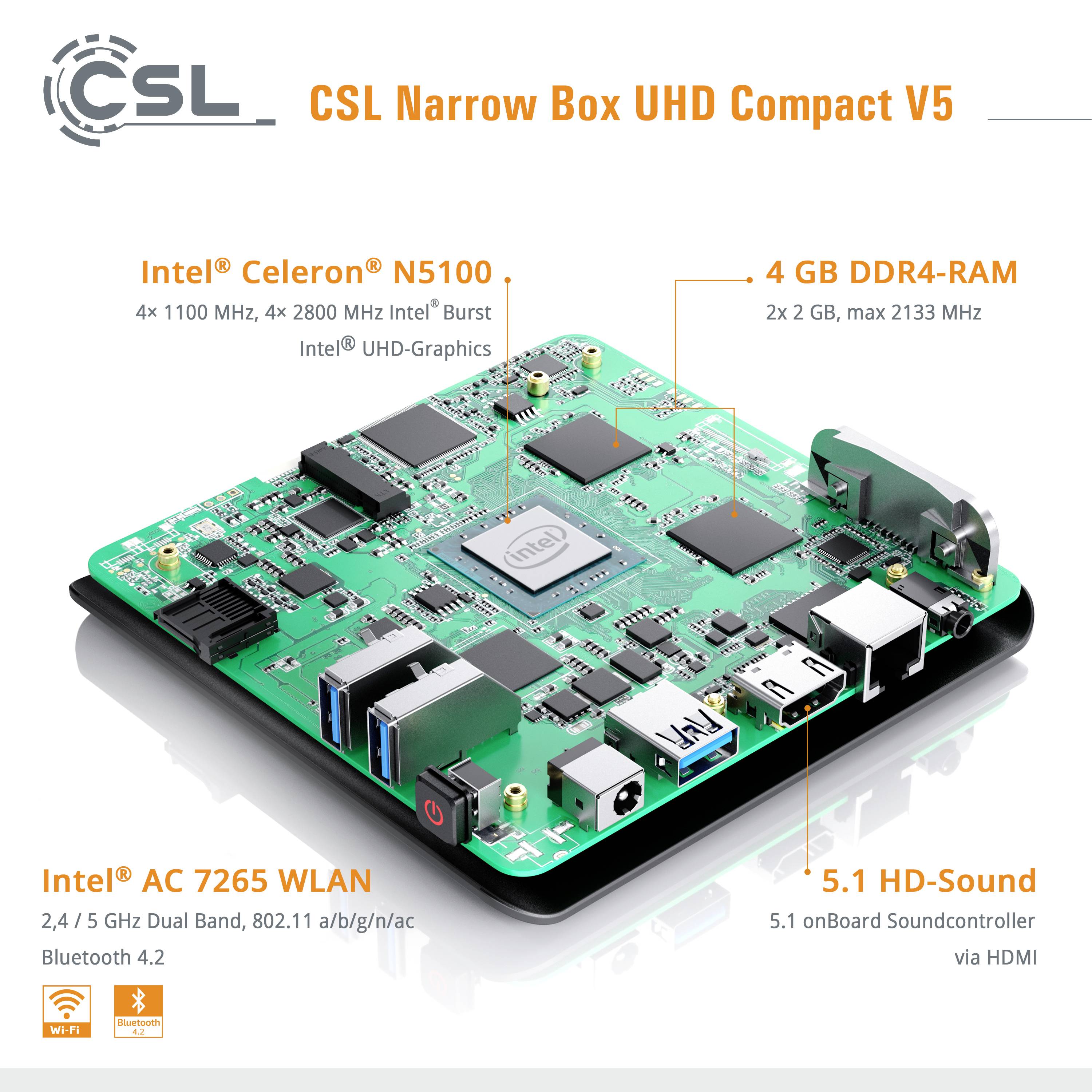 Motherboard with Intel Celeron N5100 processor, 4 GB DDR4 RAM, Intel UHD graphics, WiFi AC 7265 and 5.1 sound.